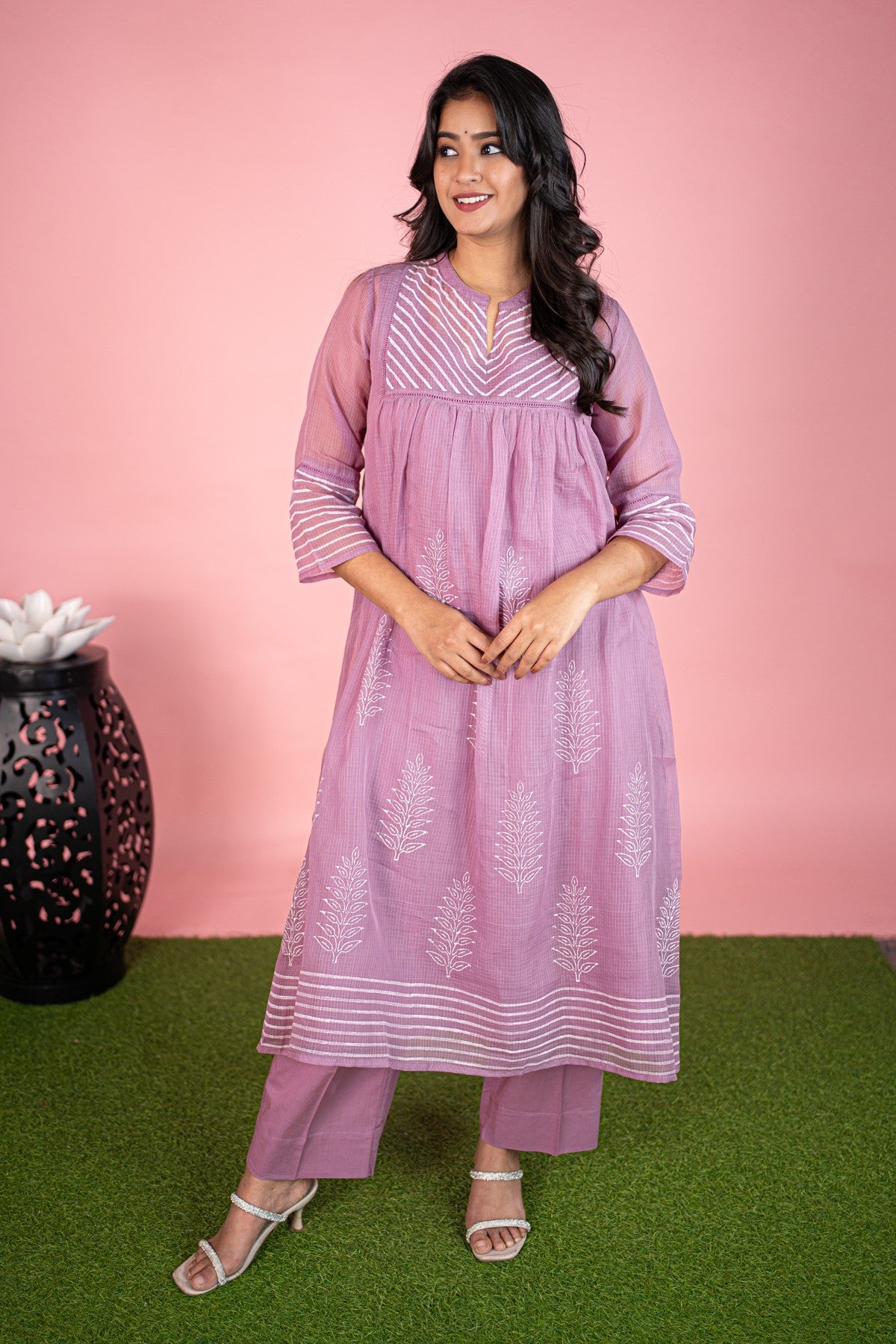 Cotton Embroidered Mauve Kurti Set