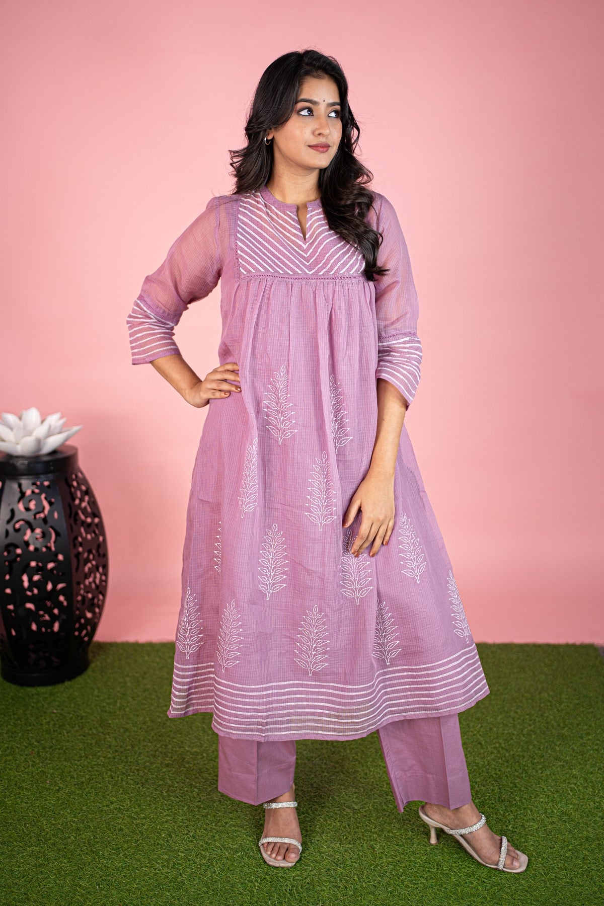Cotton Embroidered Mauve Kurti Set