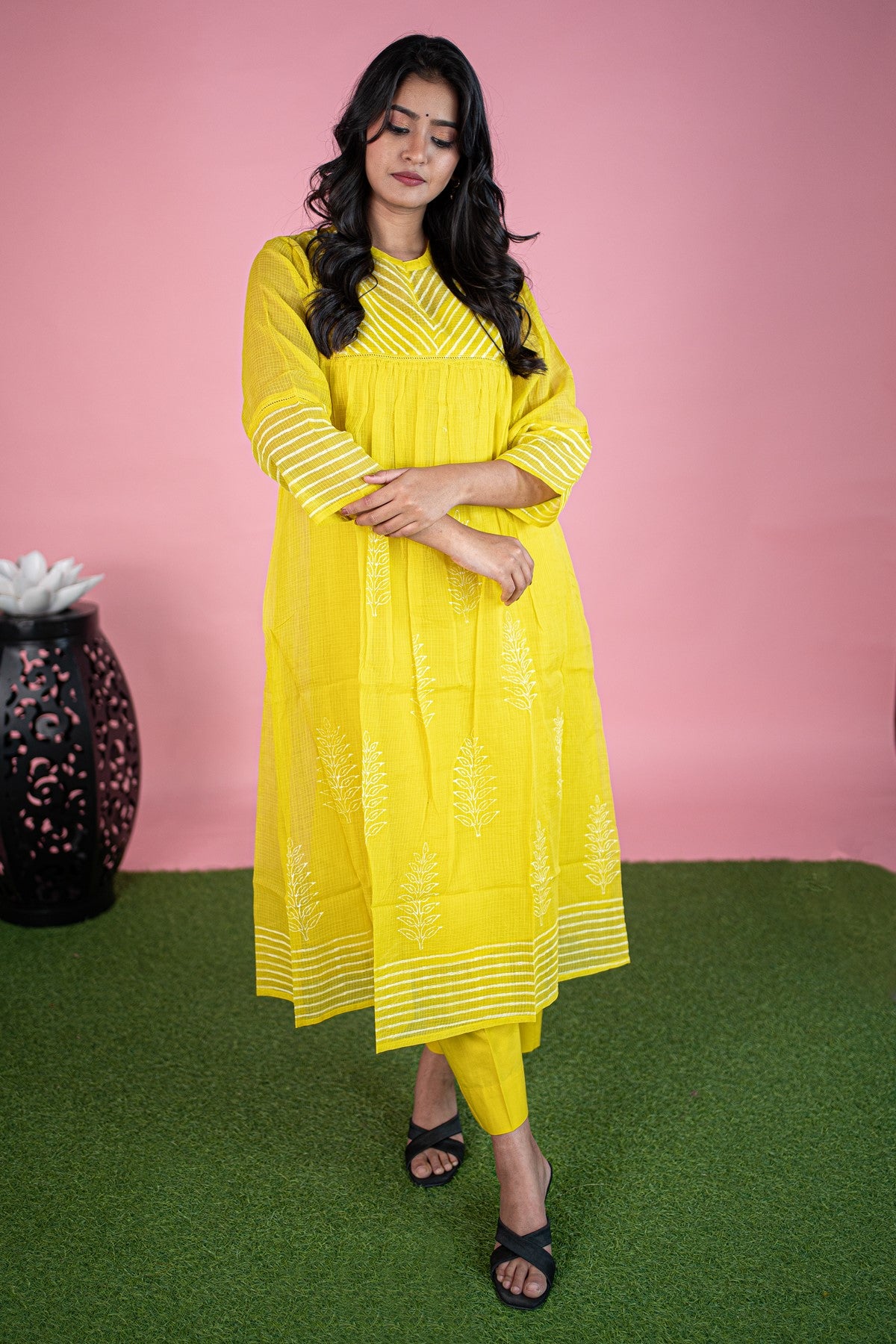 Cotton Solid Yellow Kurti Set