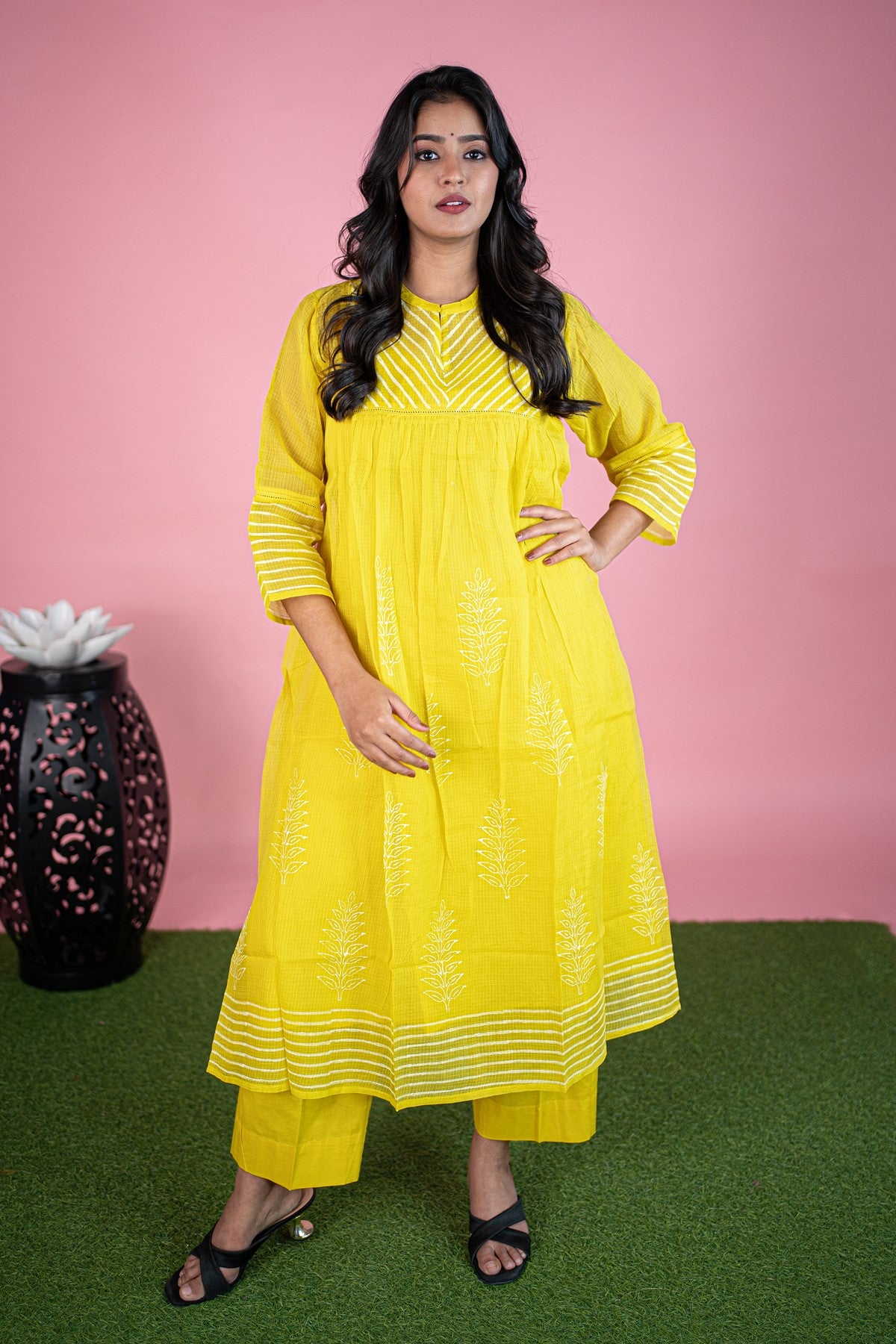 Cotton Solid Yellow Kurti Set
