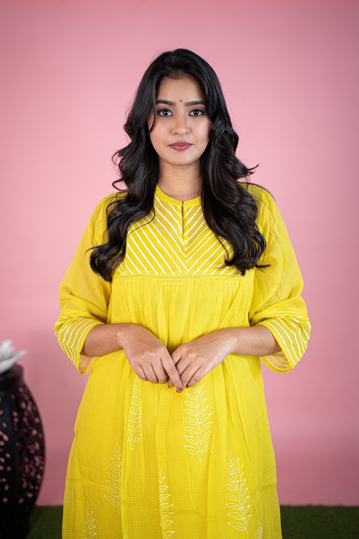 Cotton Solid Yellow Kurti Set