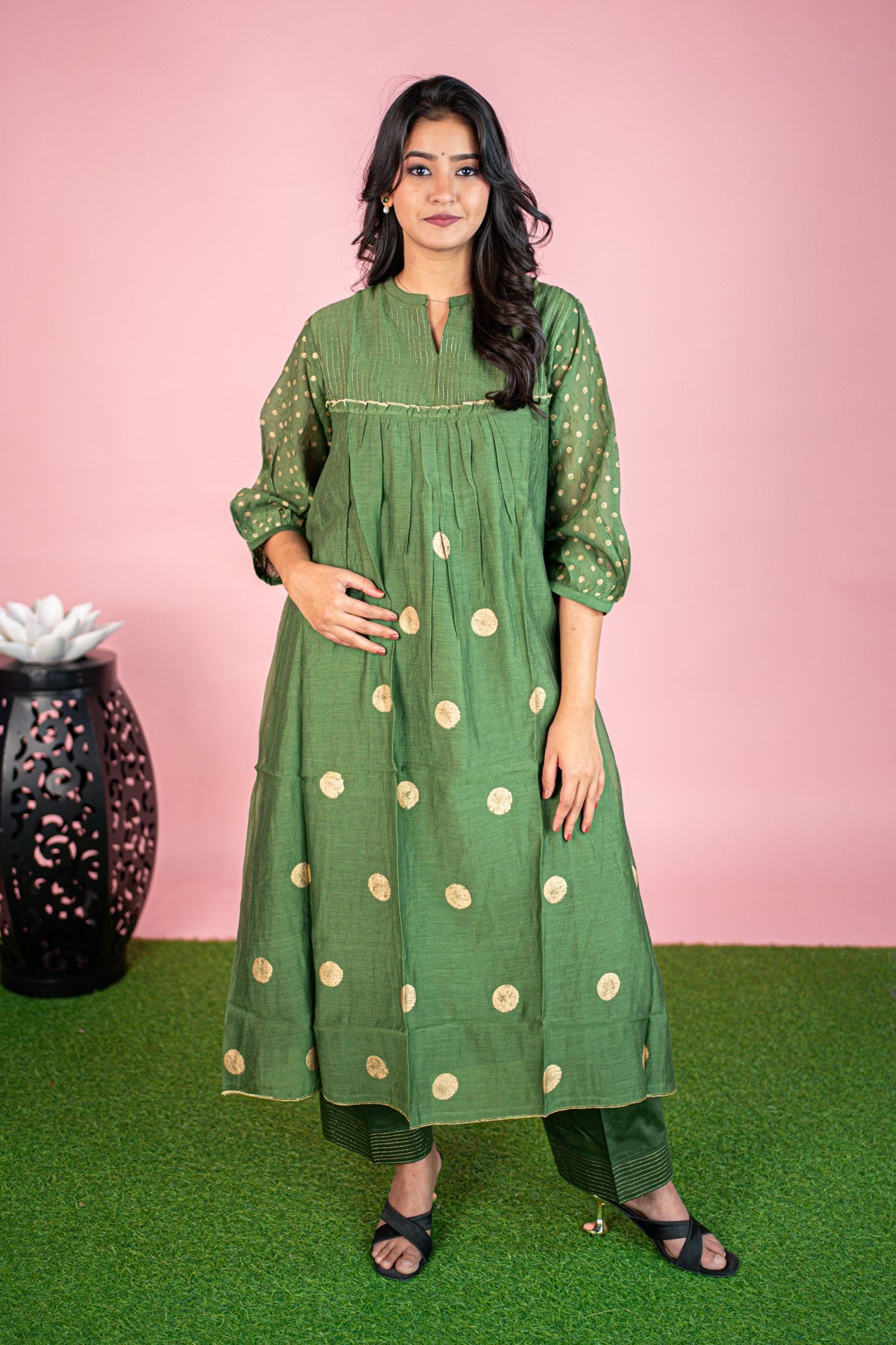 Cotton Mehendi Green Printed Kurta