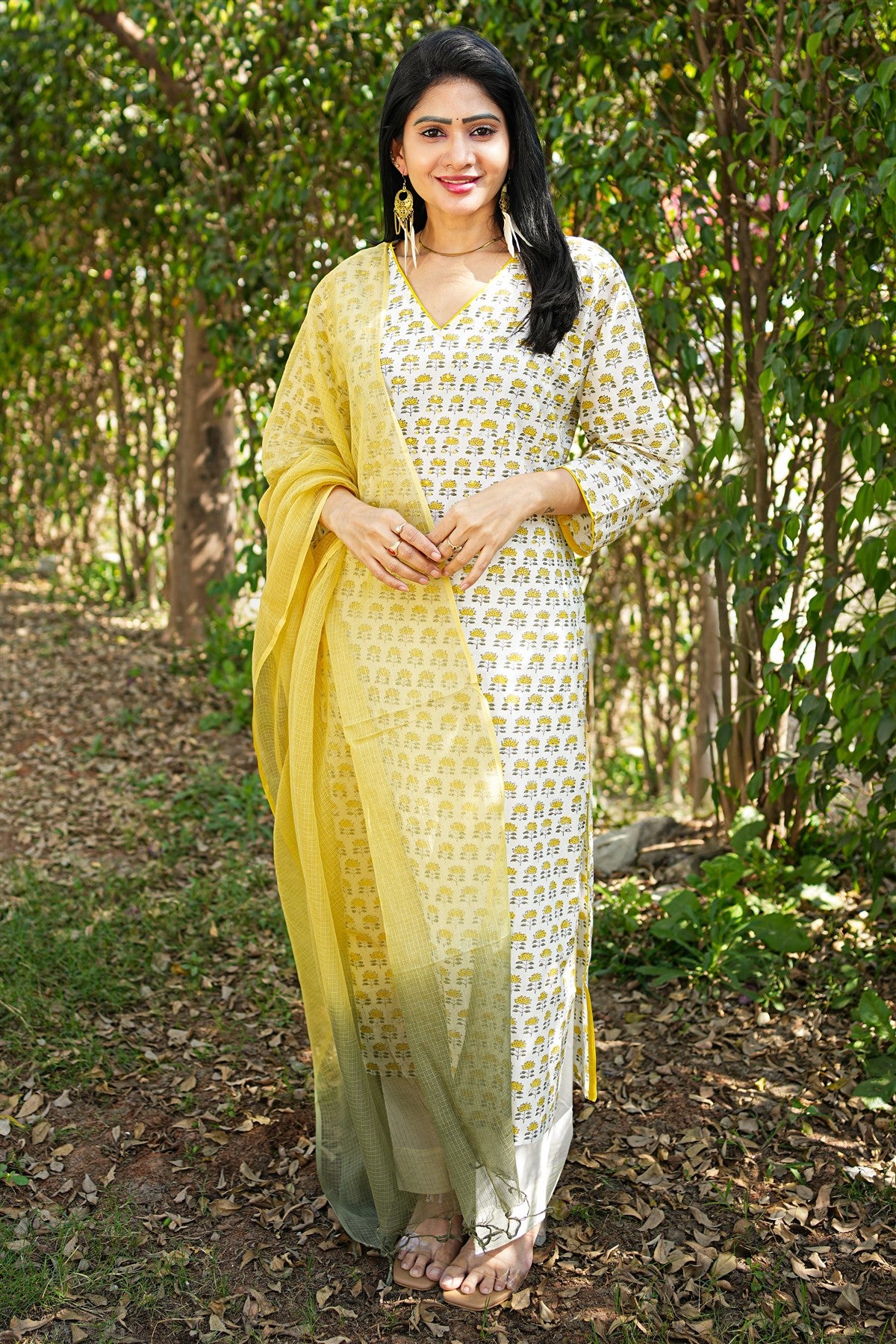 Cotton Printed White And Yellow Kurti Set With Dupatta