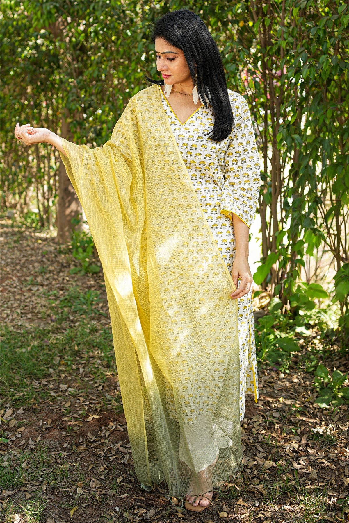 Cotton Printed White And Yellow Kurti Set With Dupatta
