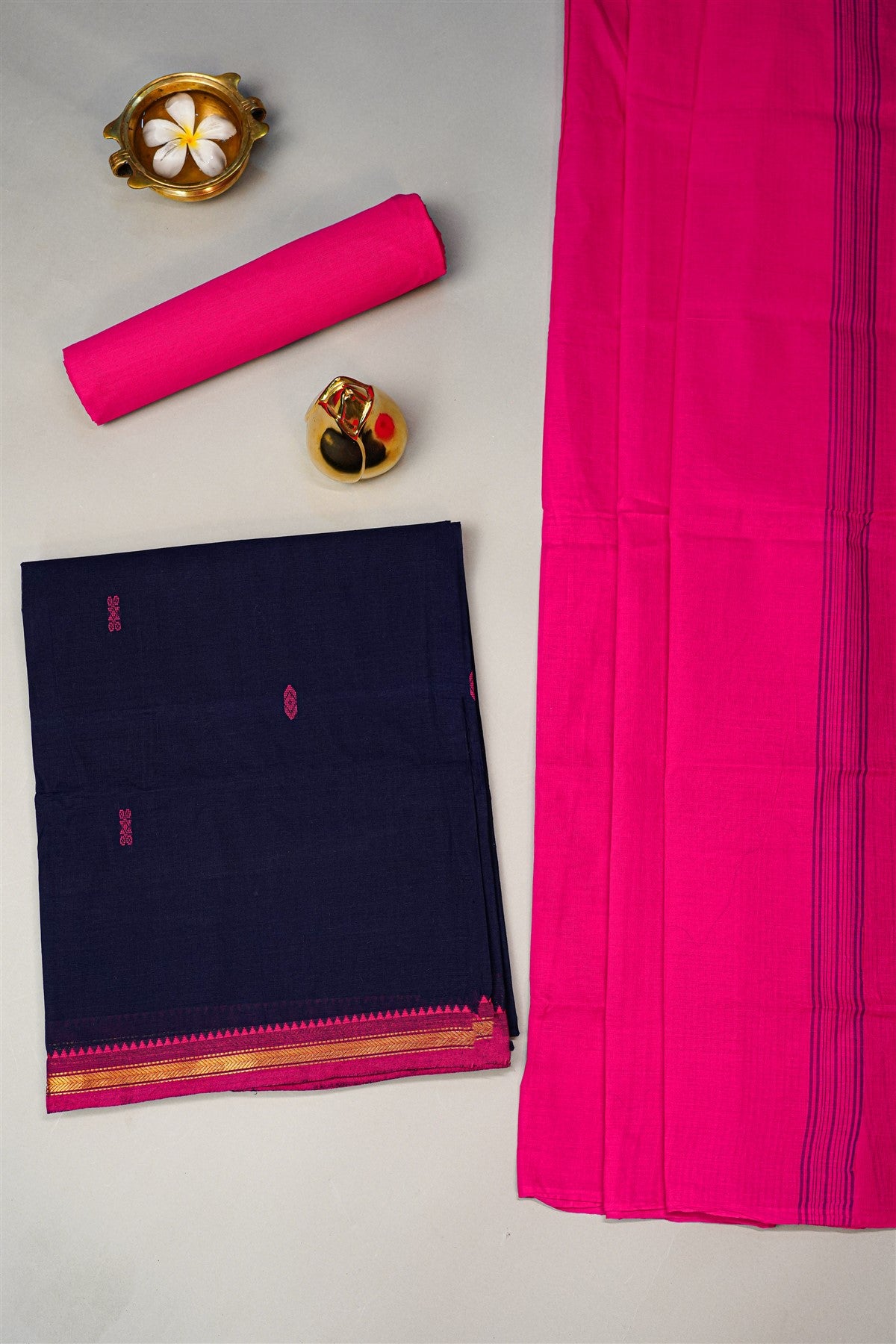 Cotton Navy Blue And Pink Butti Woven Dress Material