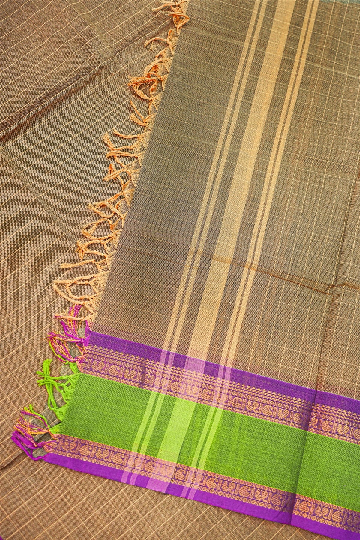 Cotton Brown Checkered Woven Border Dress Material