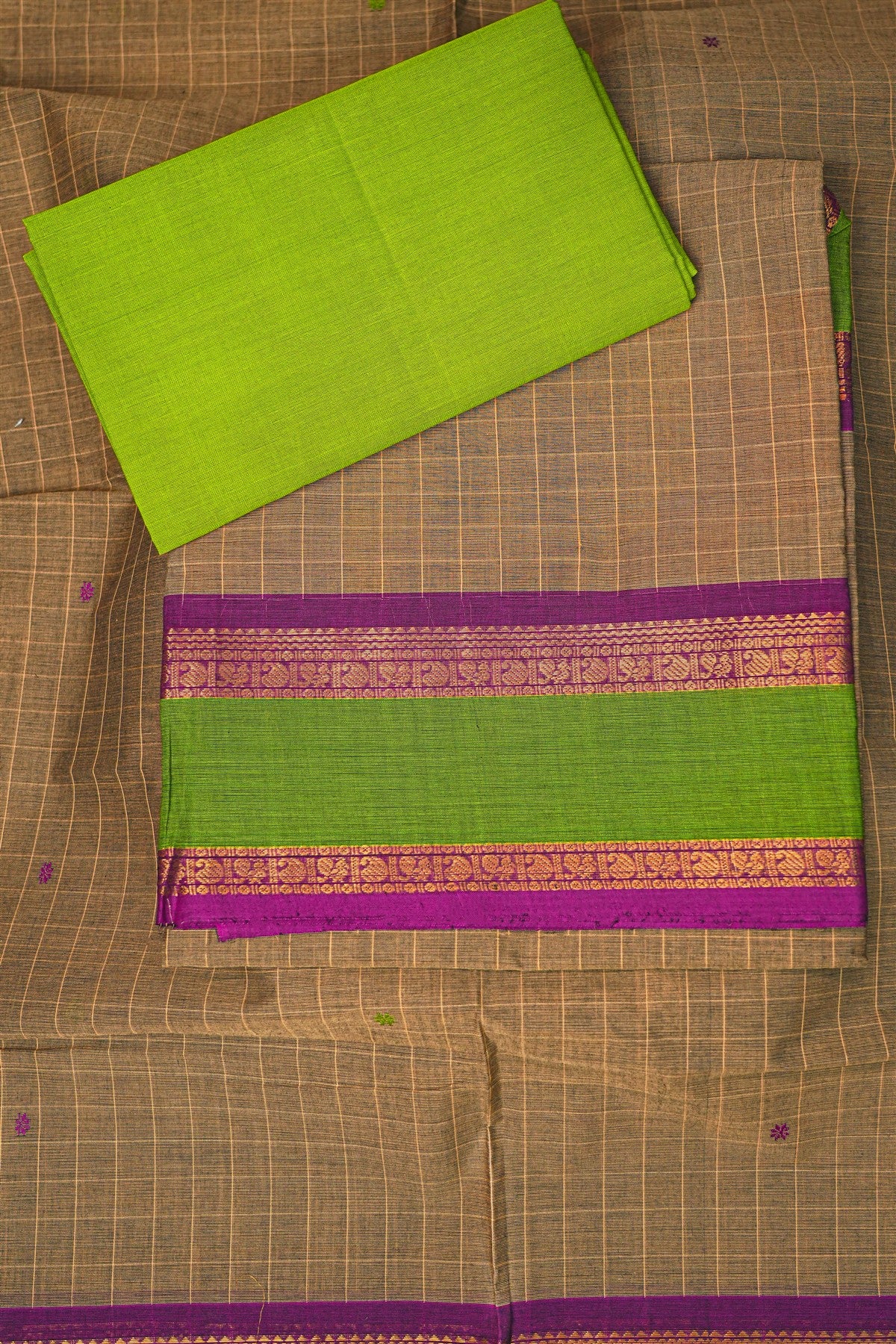 Cotton Brown Checkered Woven Border Dress Material