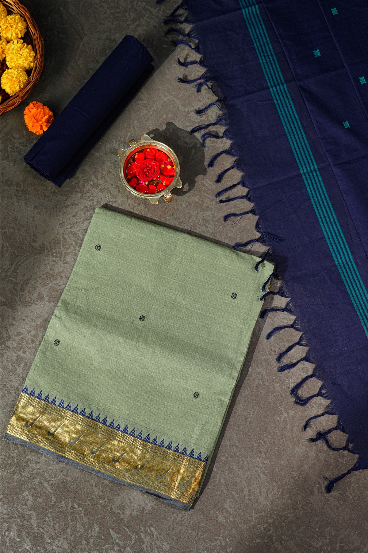 Cotton Pastel Green And Navy Blue Zari Border Dress Material
