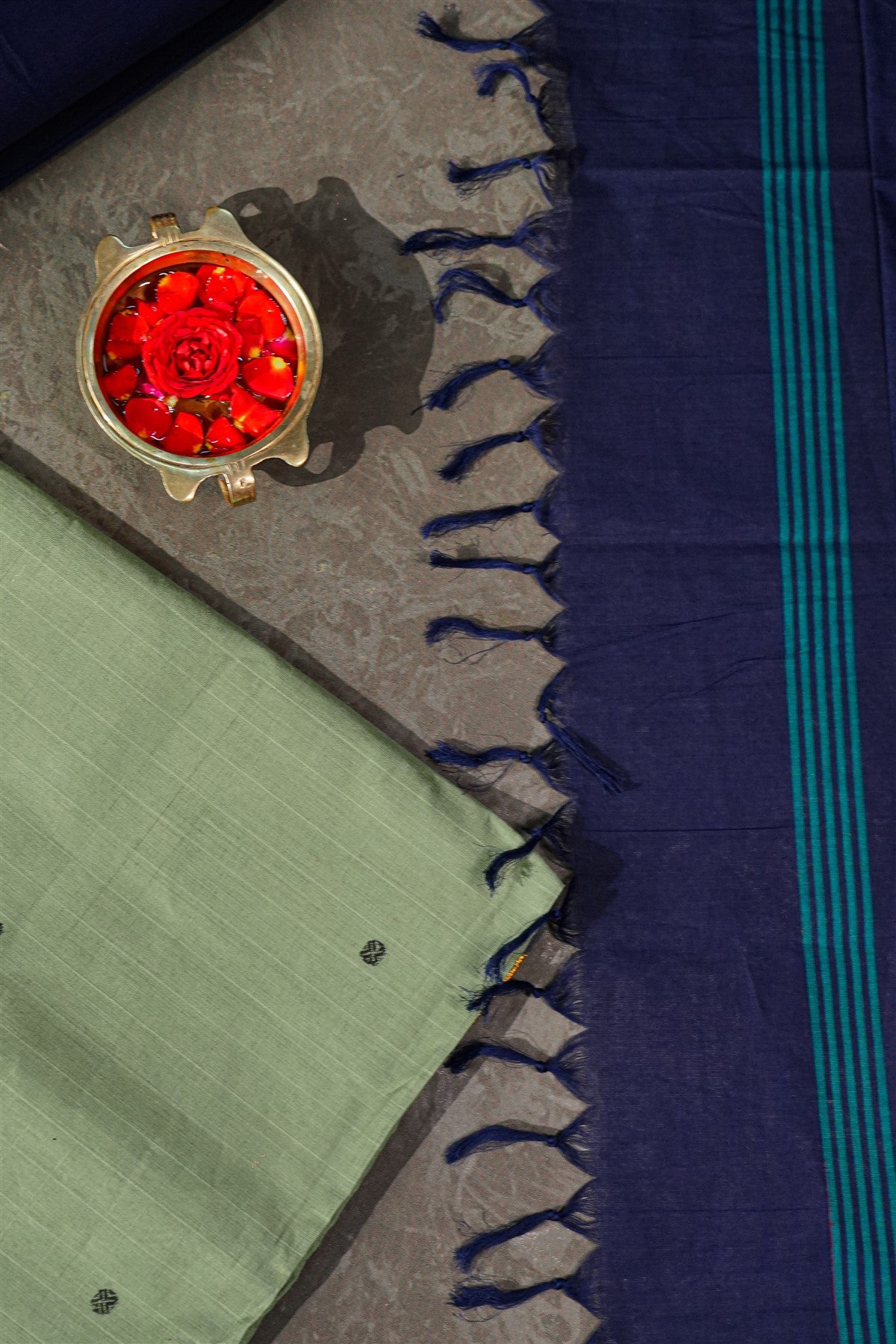 Cotton Pastel Green And Navy Blue Zari Border Dress Material