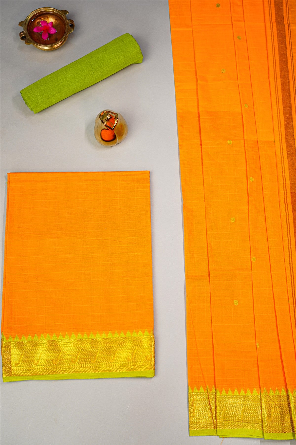 Cotton Orange Zari Woven Dress Material