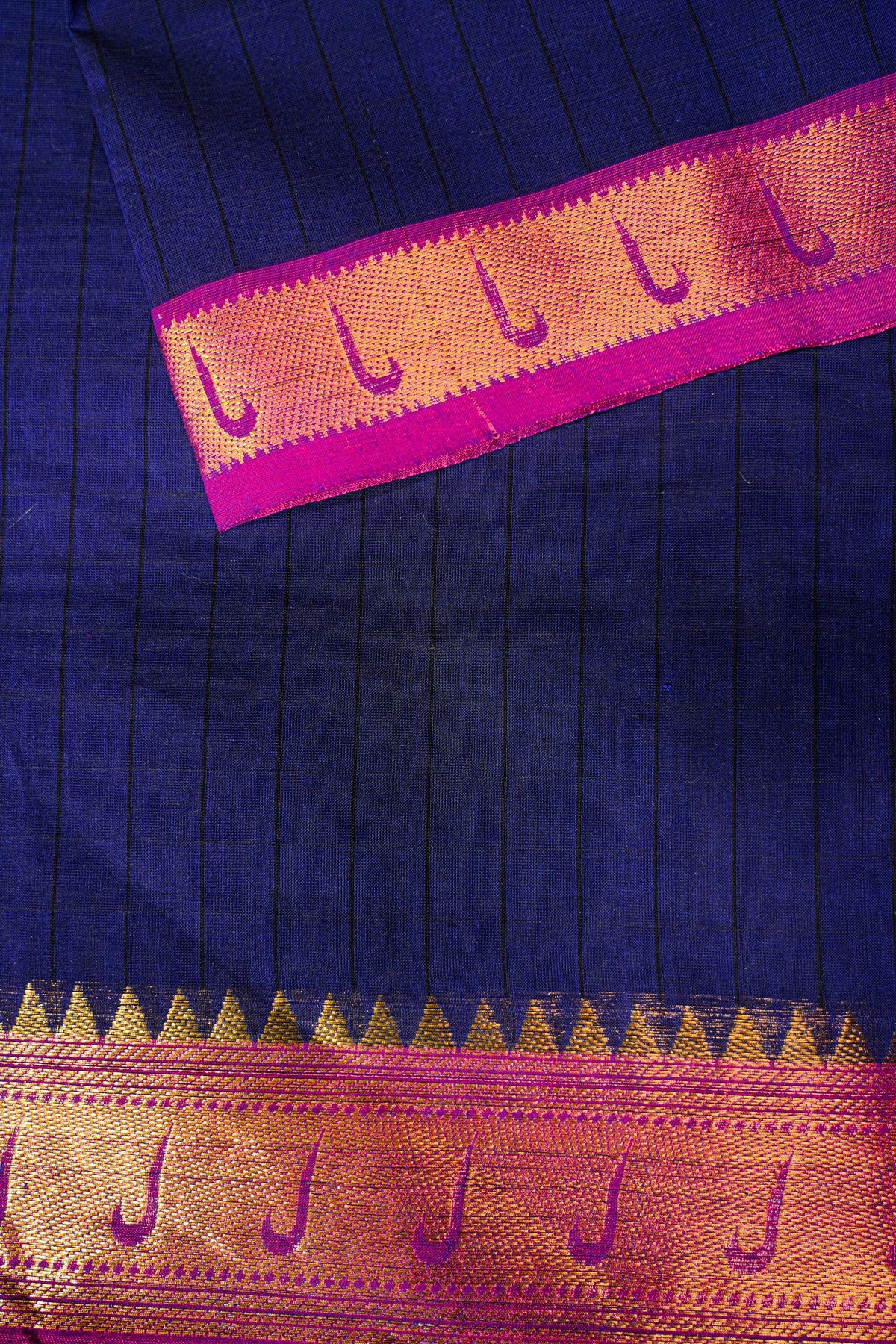 Cotton Navy Blue And Pink Zari Border Dress Material