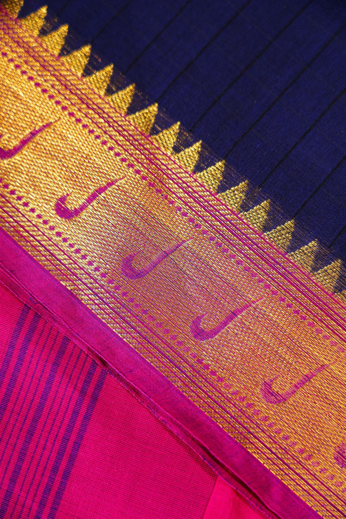 Cotton Navy Blue And Pink Zari Border Dress Material