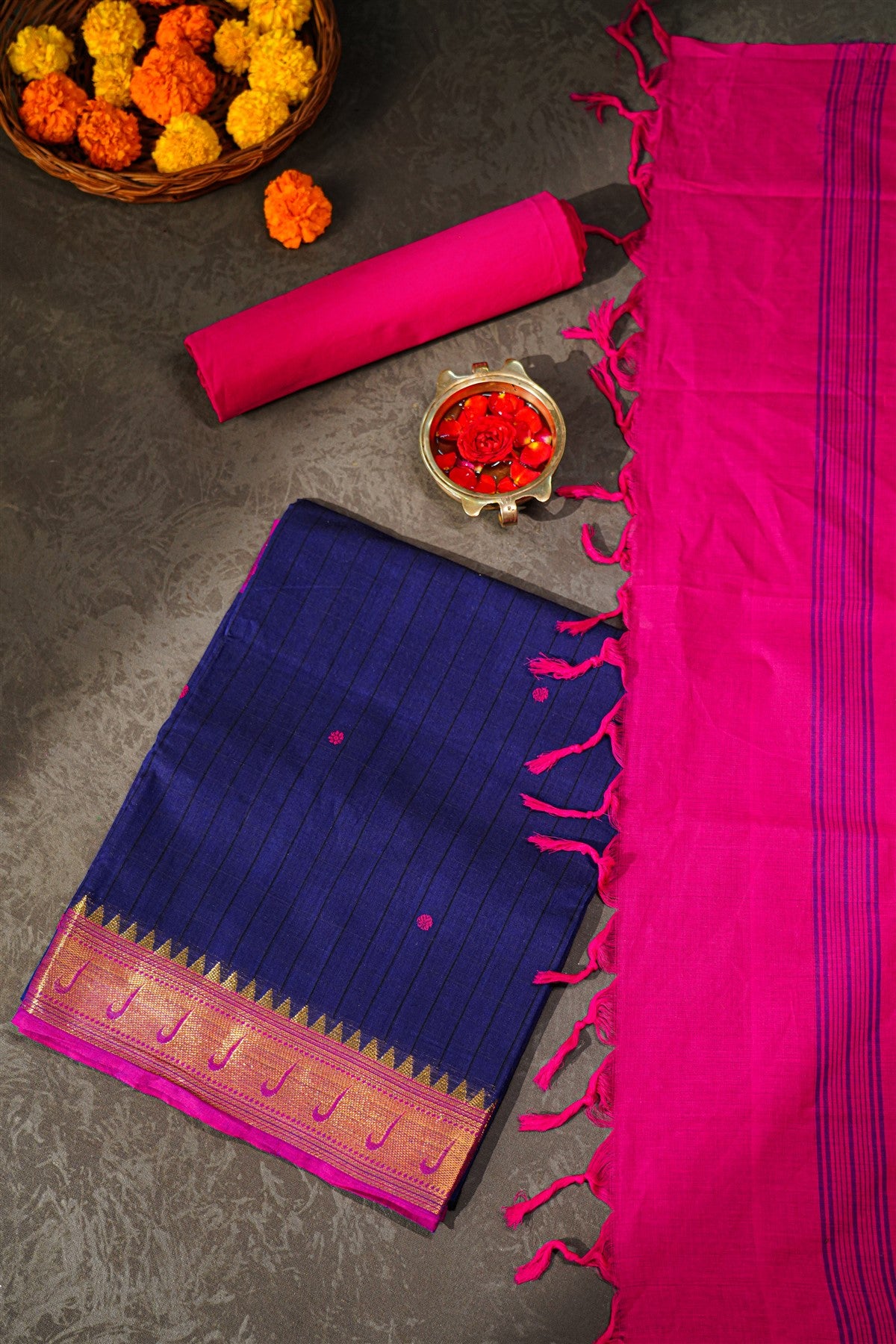 Cotton Navy Blue And Pink Zari Border Dress Material