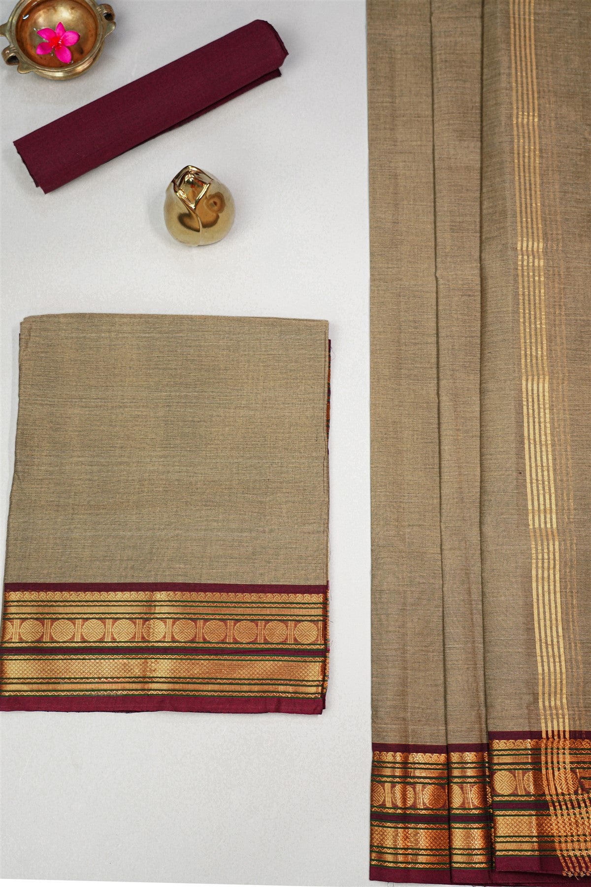 Cotton Beige Zari Border Dress Material