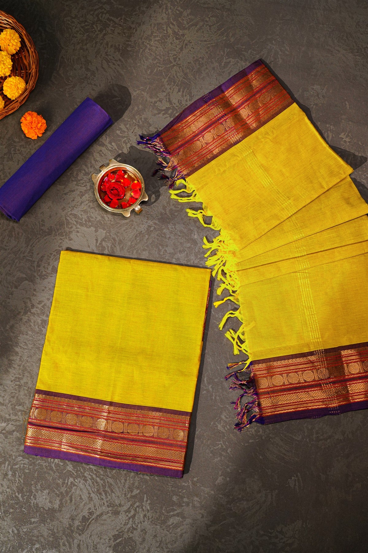 Cotton Yellow Zari Border Dress Material