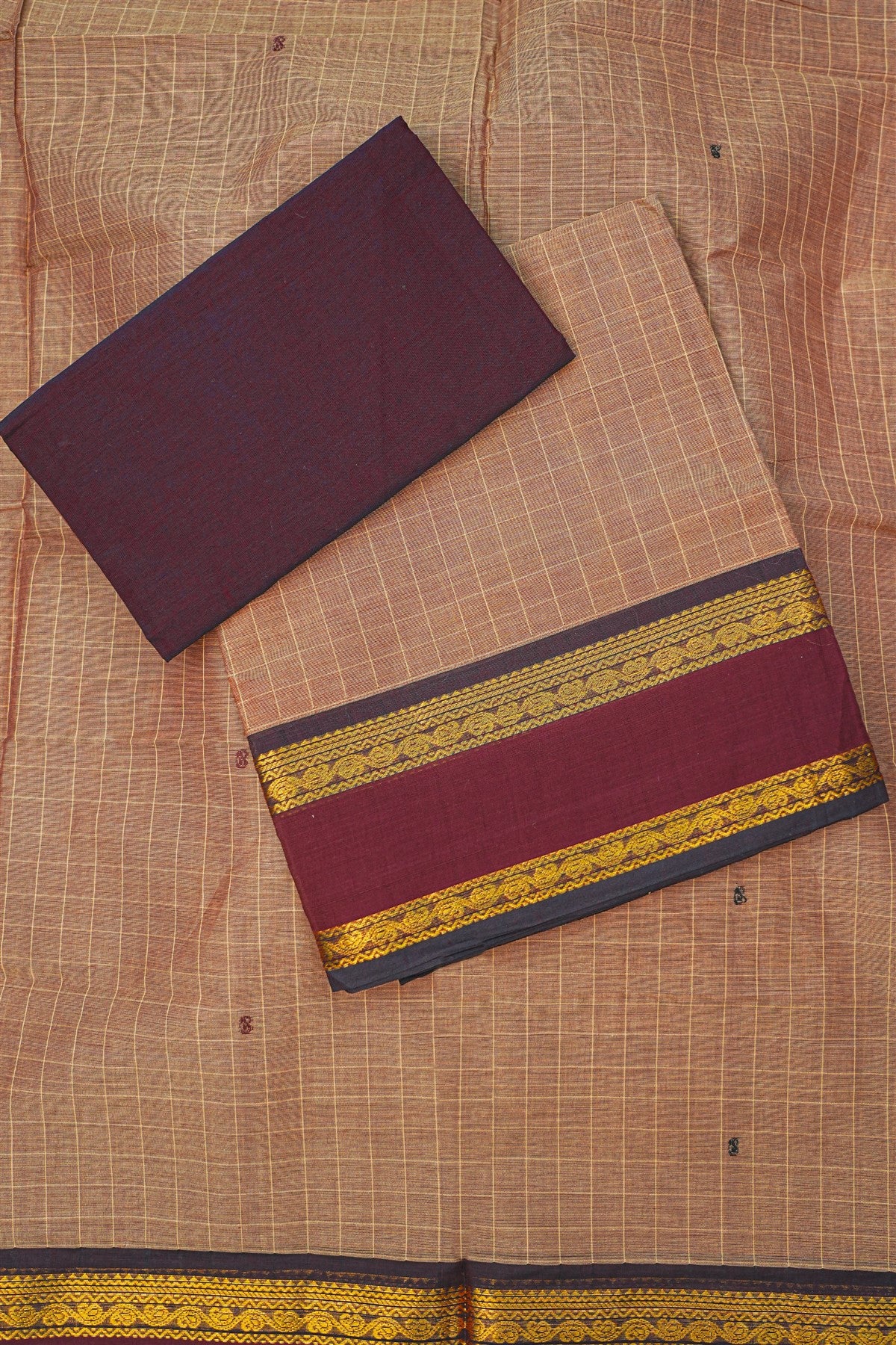 Cotton Beige And Maroon Checkered Dress Material