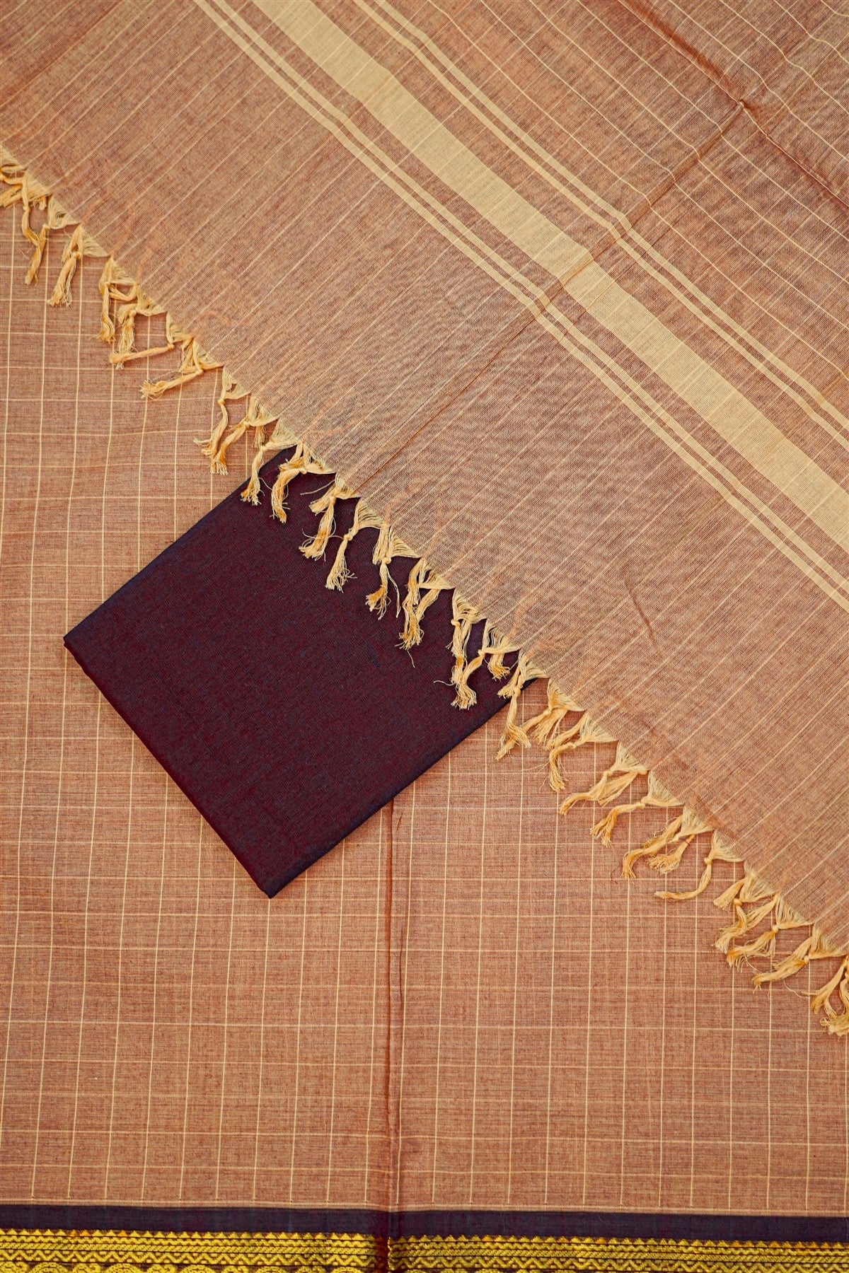 Cotton Beige And Maroon Checkered Dress Material