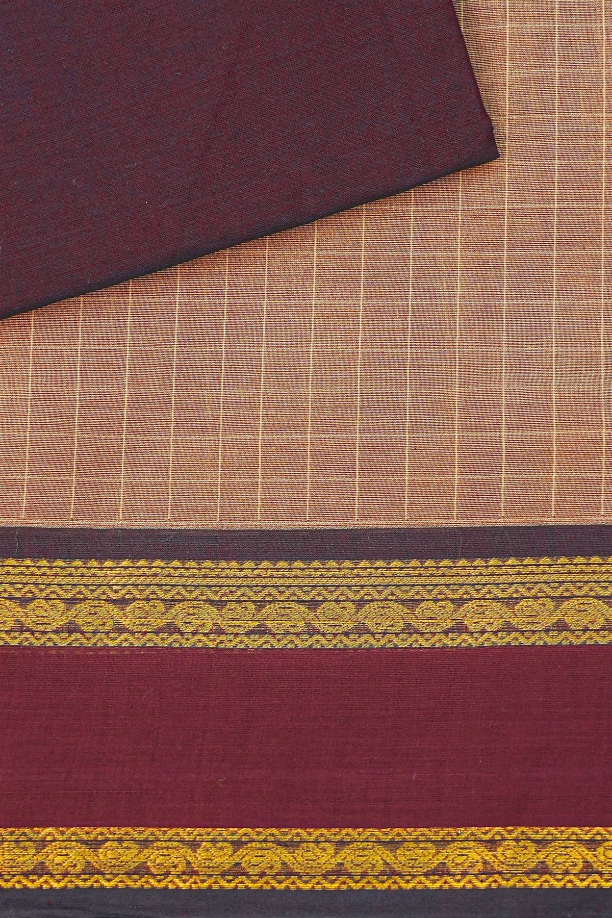 Cotton Beige And Maroon Checkered Dress Material