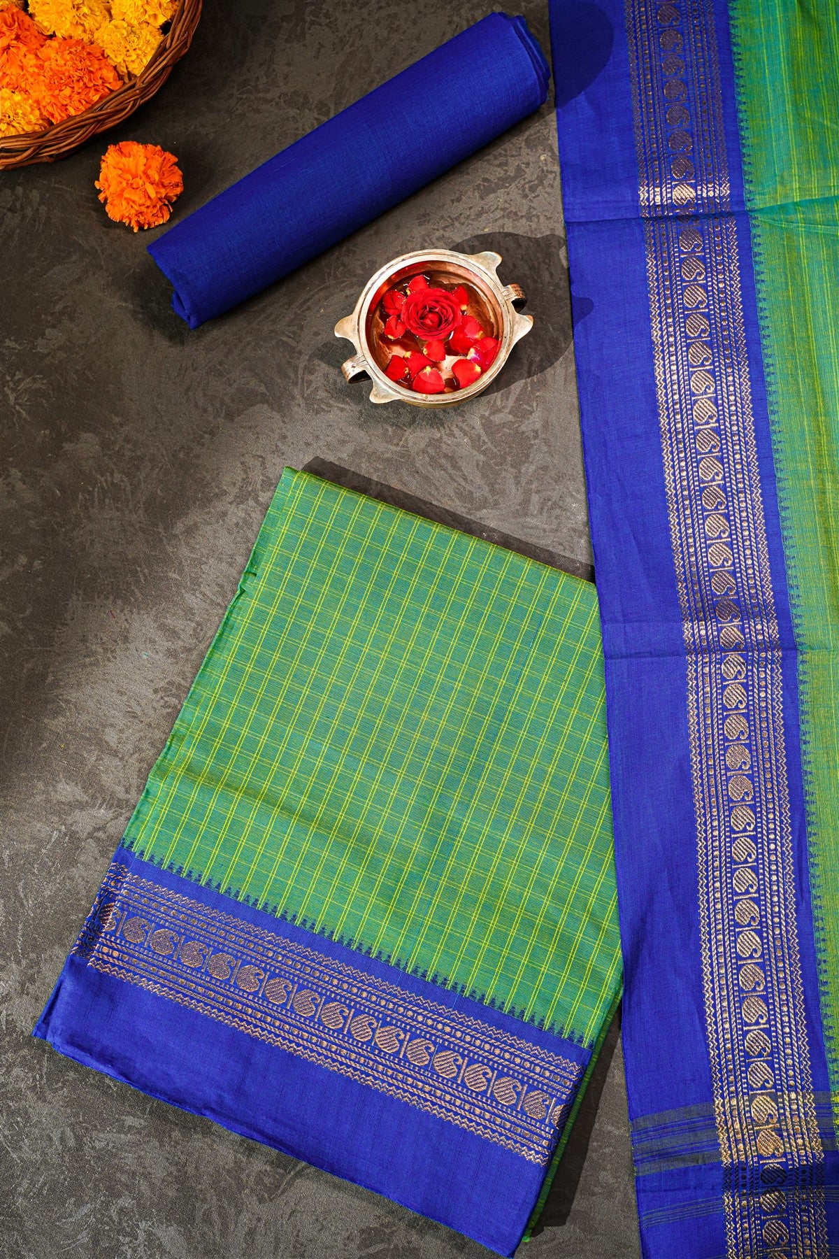 Cotton Green And Blue Checkered Zari Border Dress Material