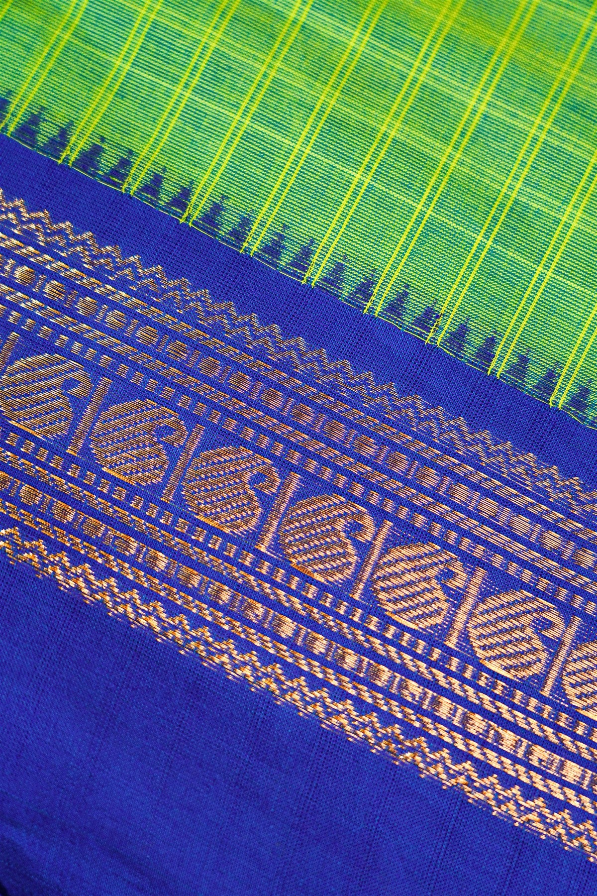 Cotton Green And Blue Checkered Zari Border Dress Material
