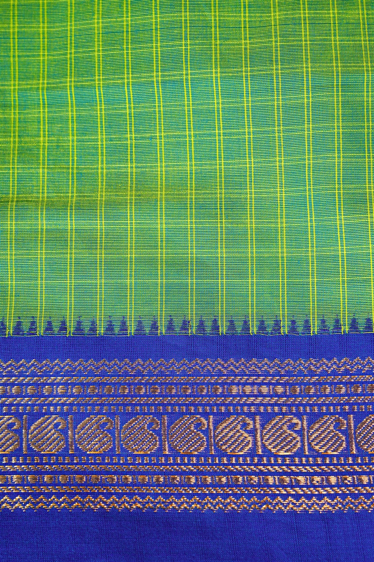 Cotton Green And Blue Checkered Zari Border Dress Material