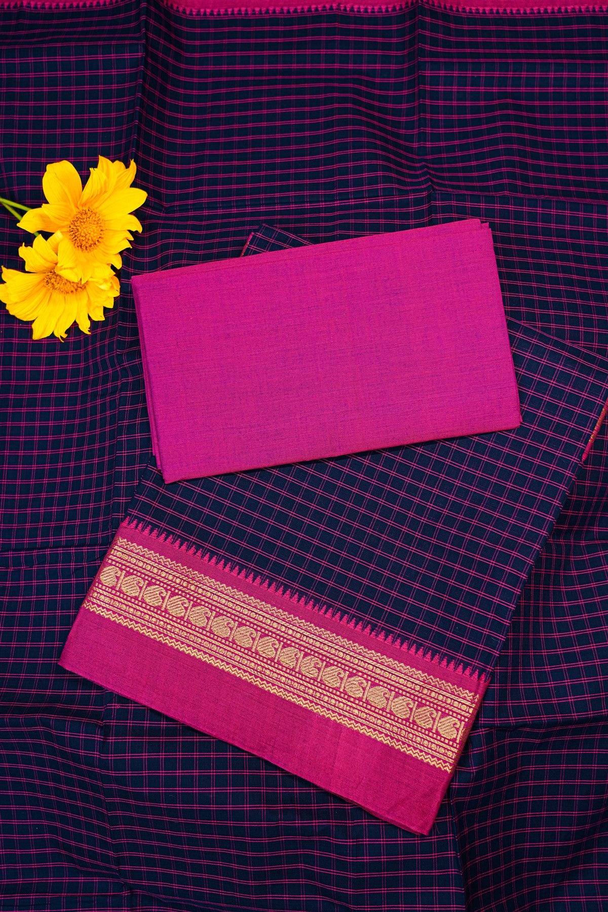 Cotton Navy Blue And Magenta Checked Dress Material