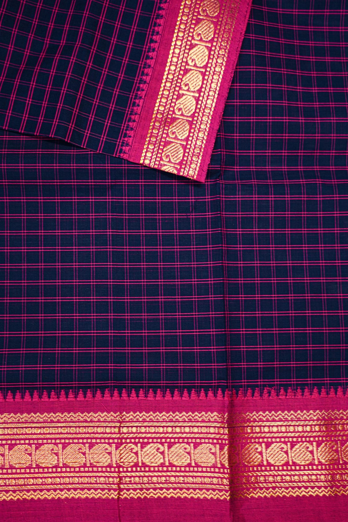 Cotton Navy Blue And Magenta Checked Dress Material
