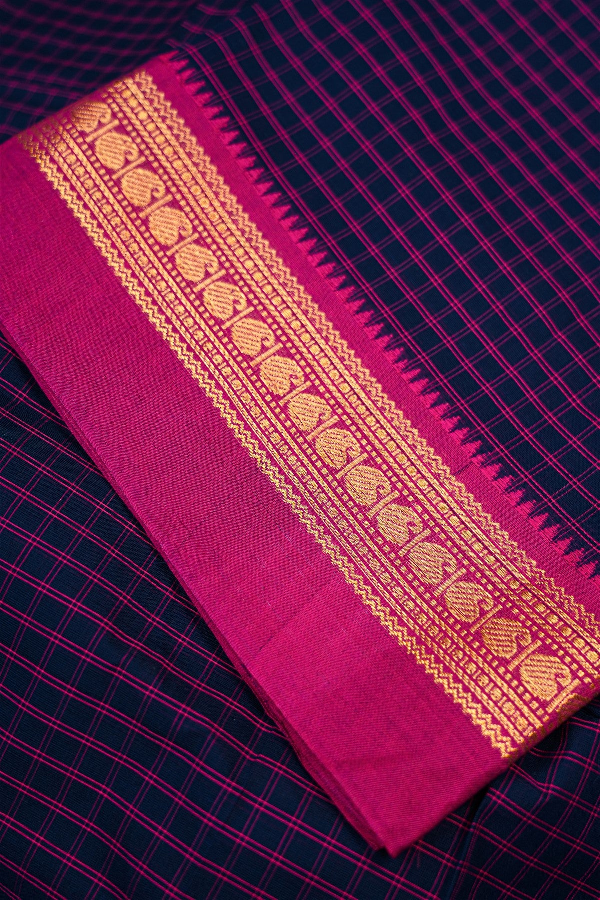 Cotton Navy Blue And Magenta Checked Dress Material