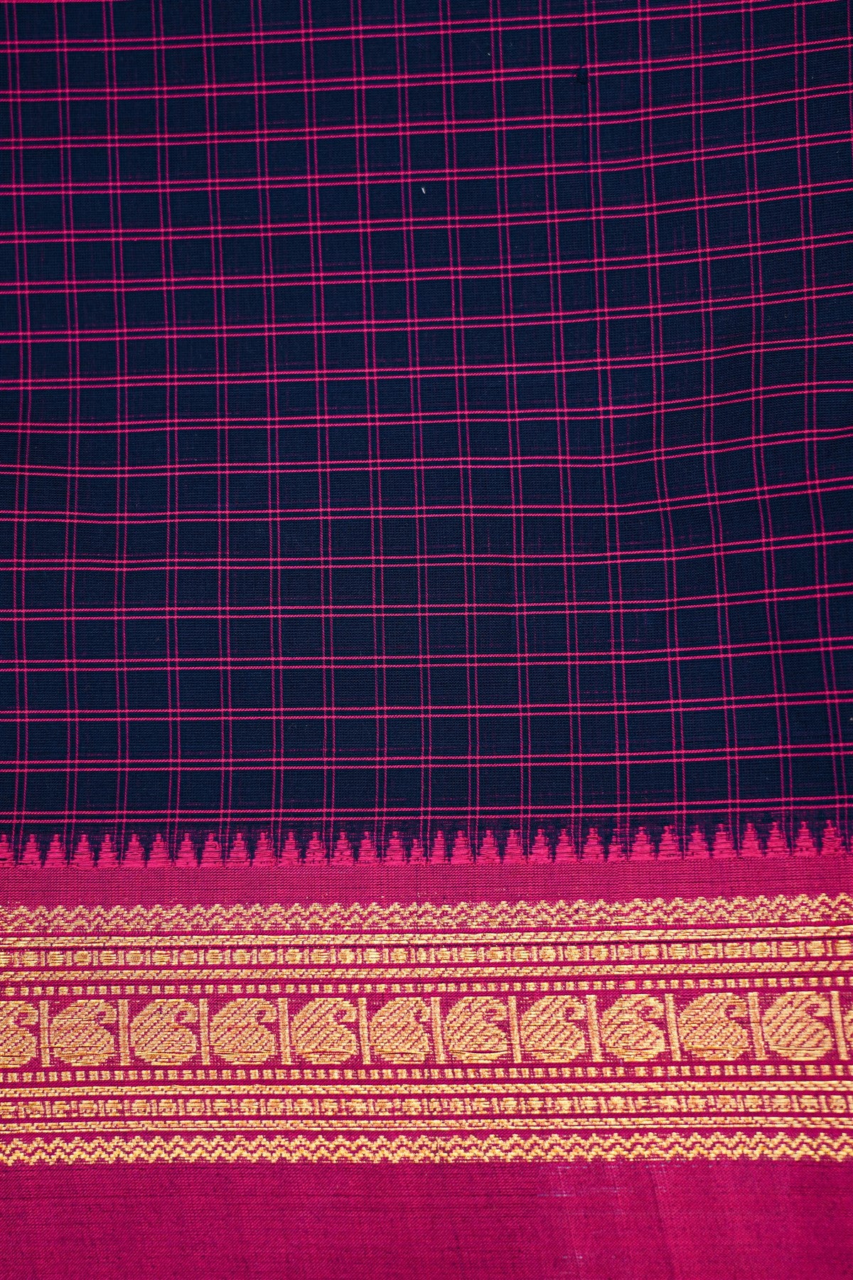Cotton Navy Blue And Magenta Checked Dress Material