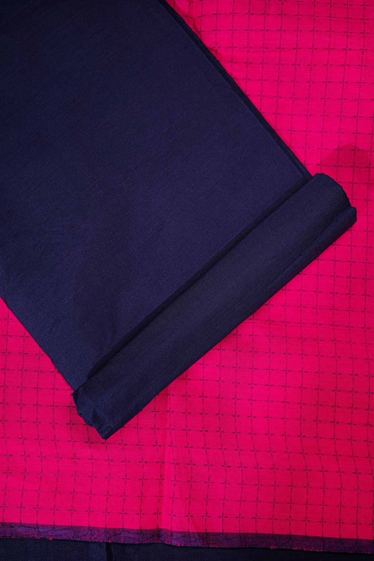 Cotton Magenta And Navy Blue Checked Dress Material