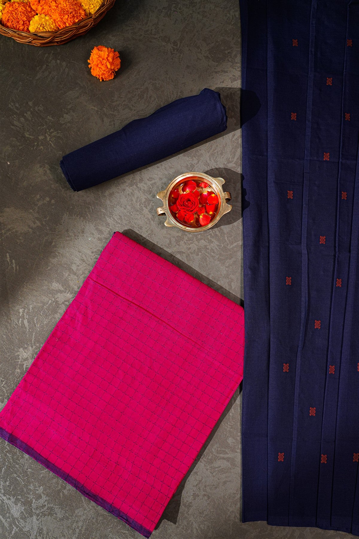 Cotton Magenta And Navy Blue Checked Dress Material