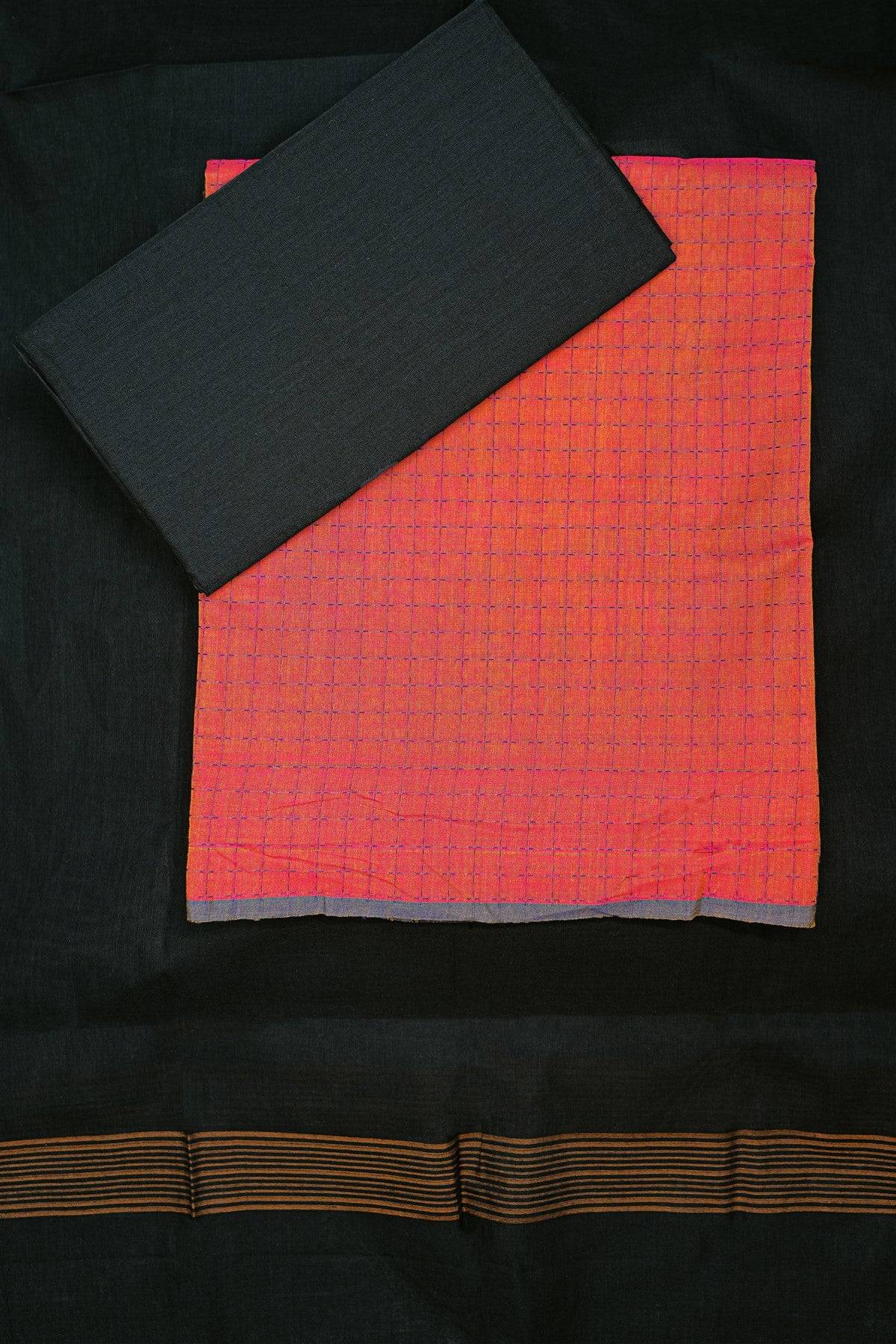 Cotton Orange Grid Check Print Dress Material
