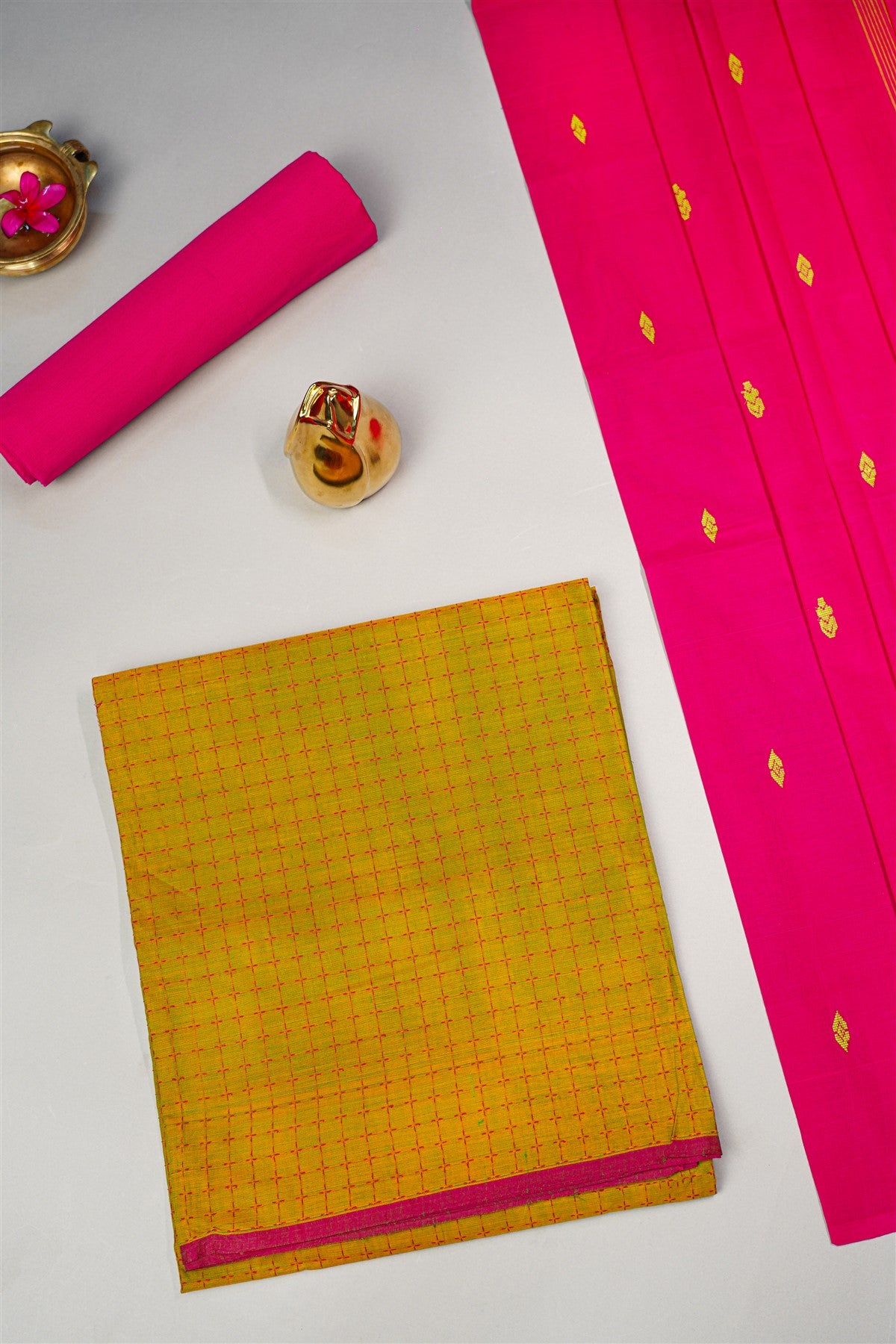 Cotton Mustard Yellow And Pink Woven Buta Dress Material
