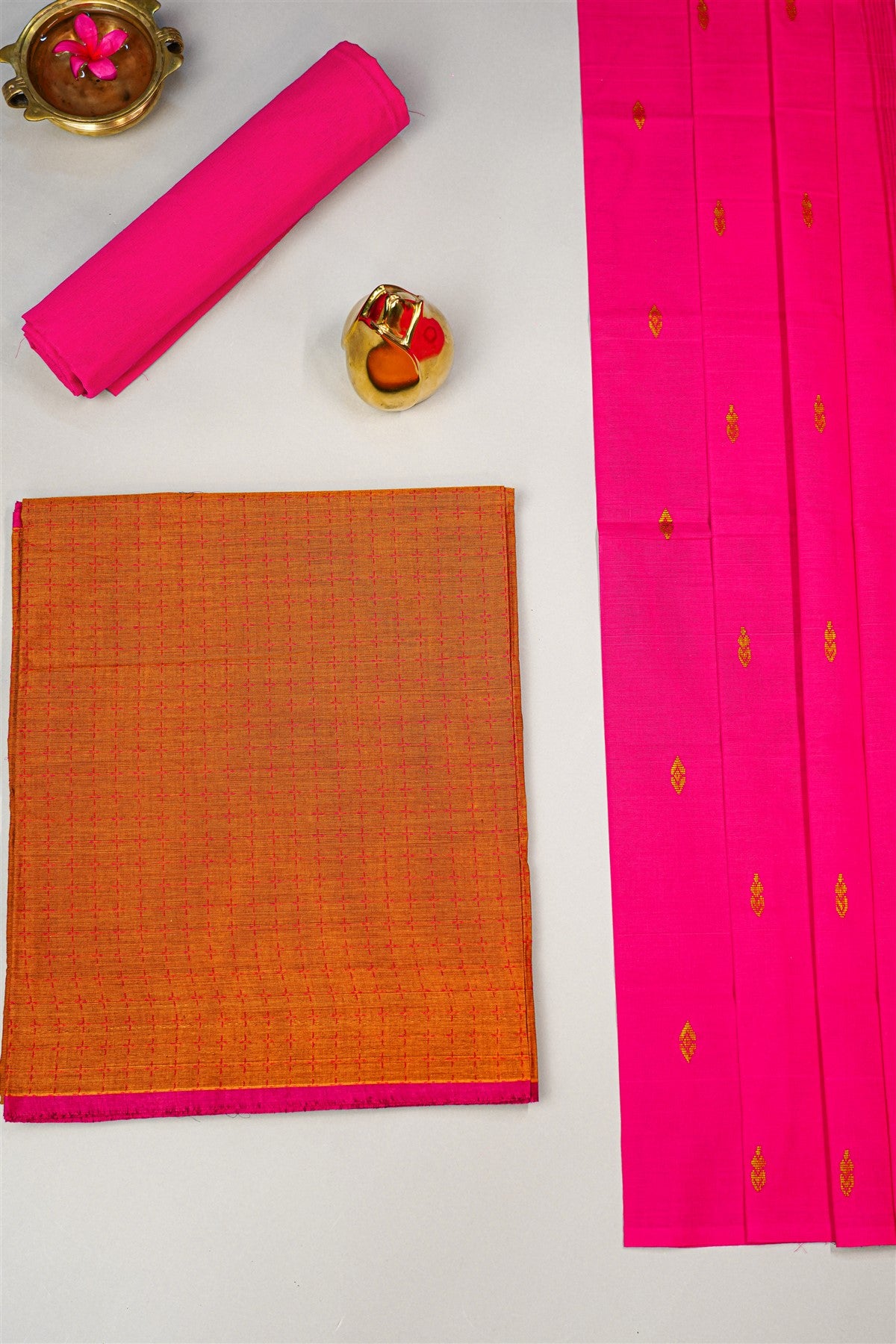 Cotton Mustard And Pink Geometric Weave Dress Material