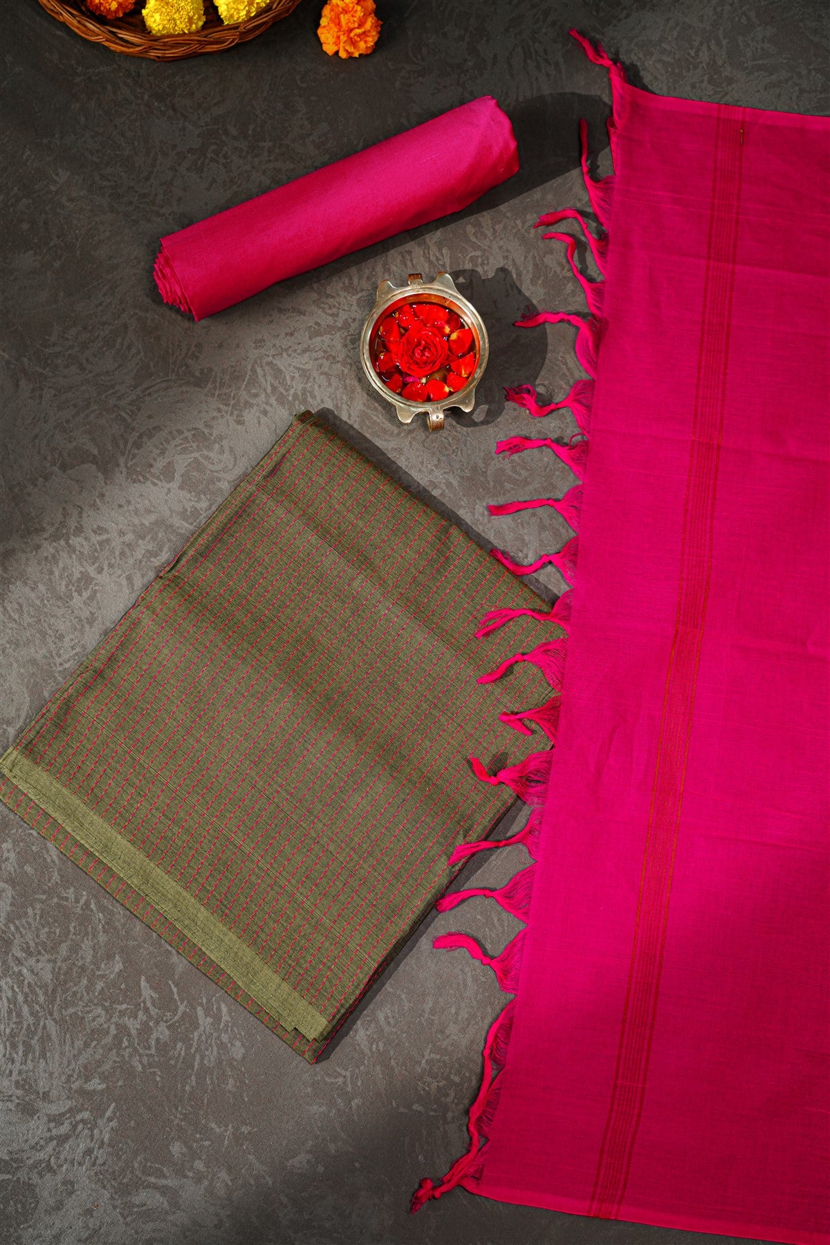 Cotton Olive Green And Magenta Striped Dress Material