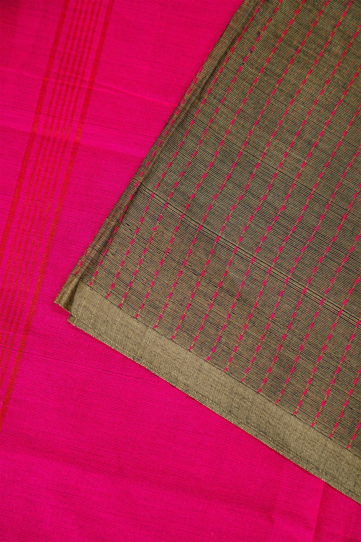 Cotton Olive Green And Magenta Striped Dress Material