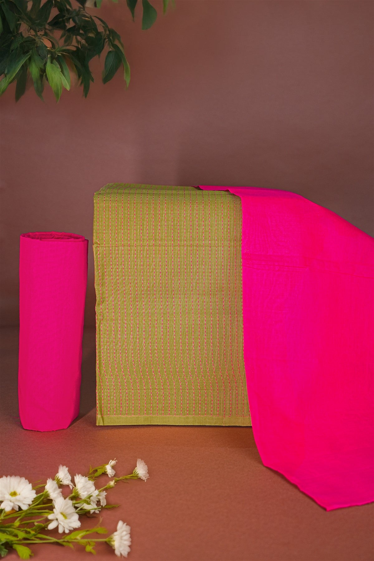 Cotton Olive Green And Pink Dobby Striped Dress Material