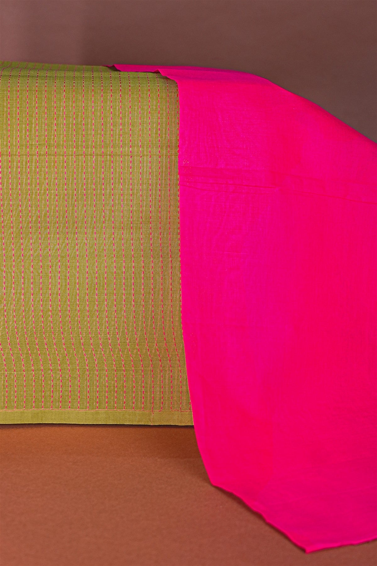 Cotton Olive Green And Pink Dobby Striped Dress Material