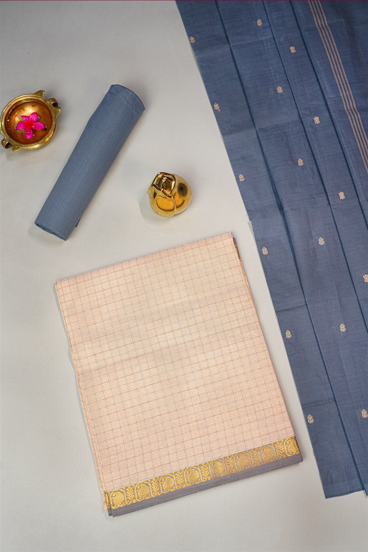 Cotton Beige And Grey Checked Dress Material