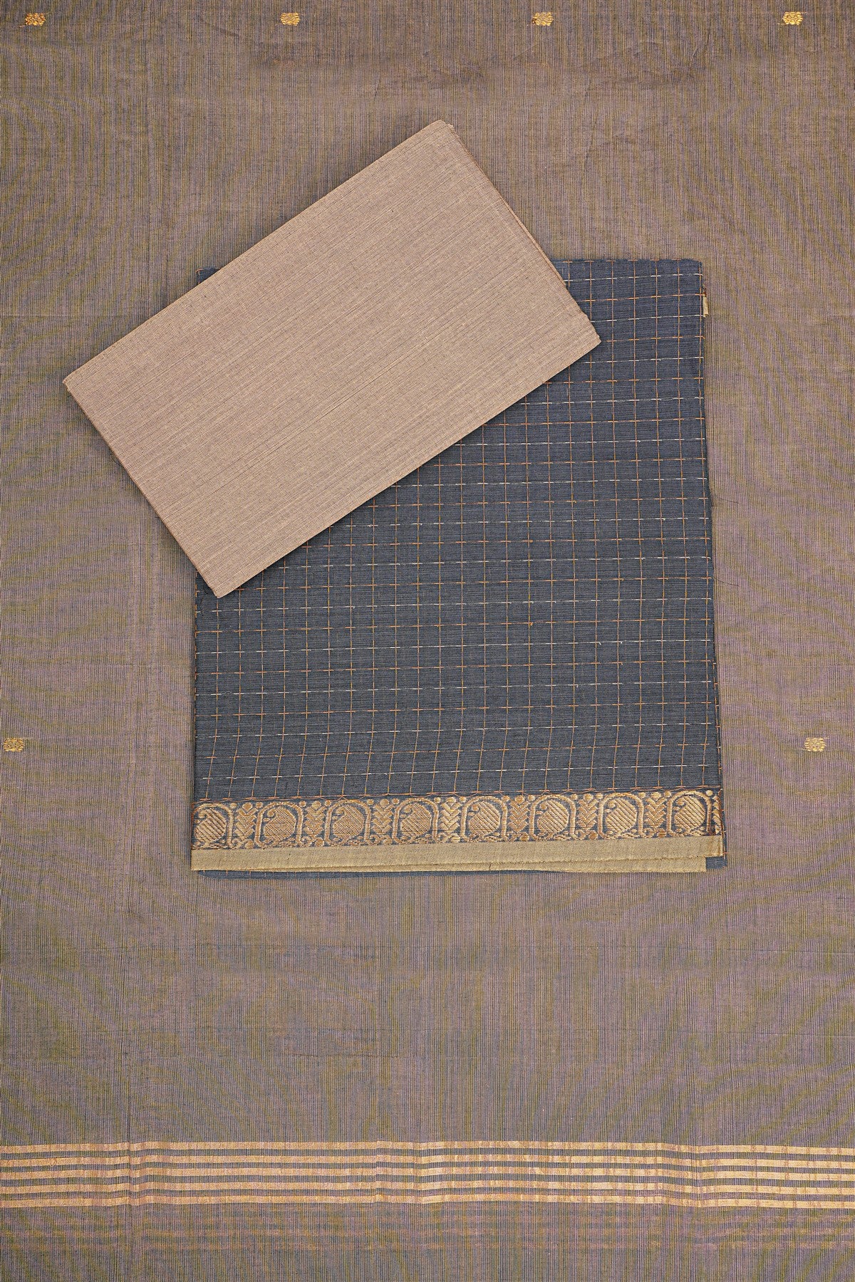 Cotton Dark Grey And Beige Checkered Dress Material