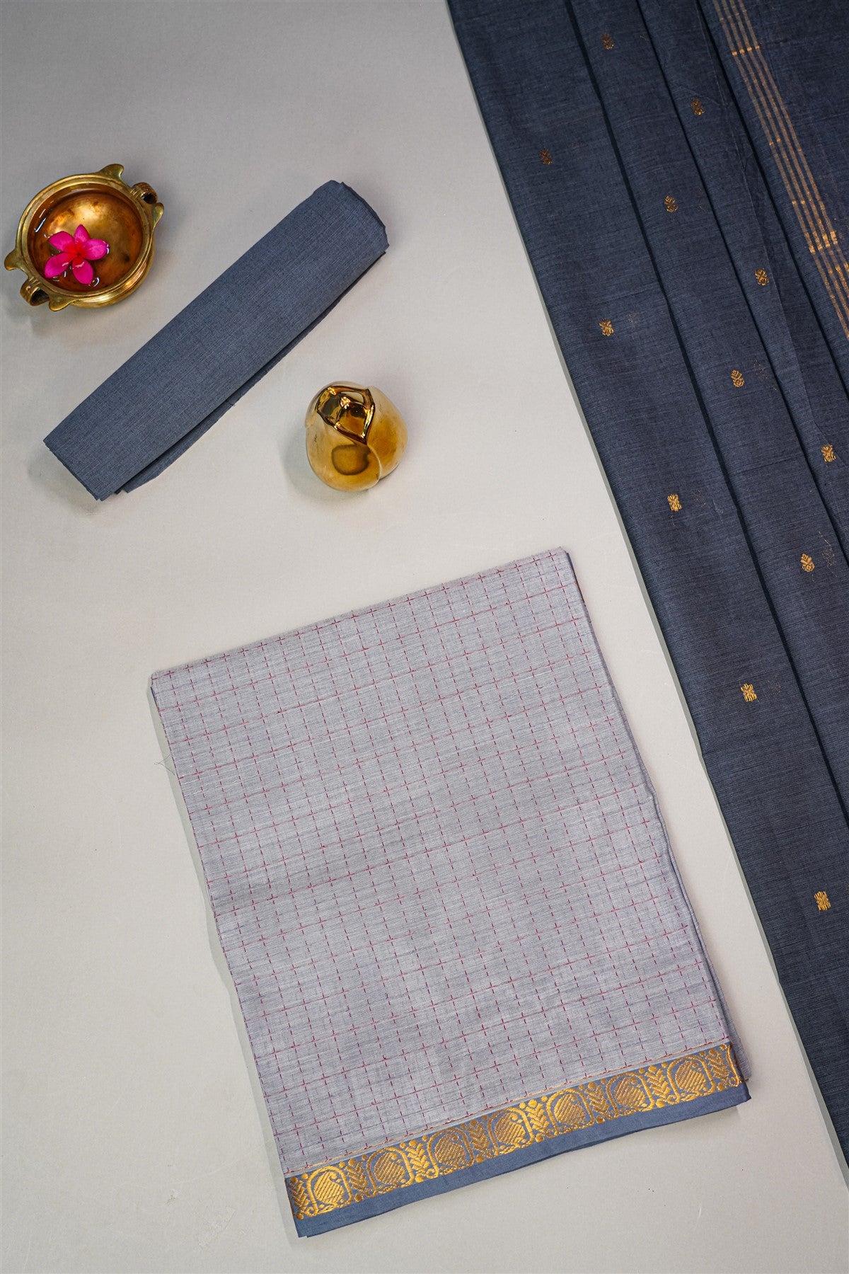 Cotton Grey Checked Dress Material