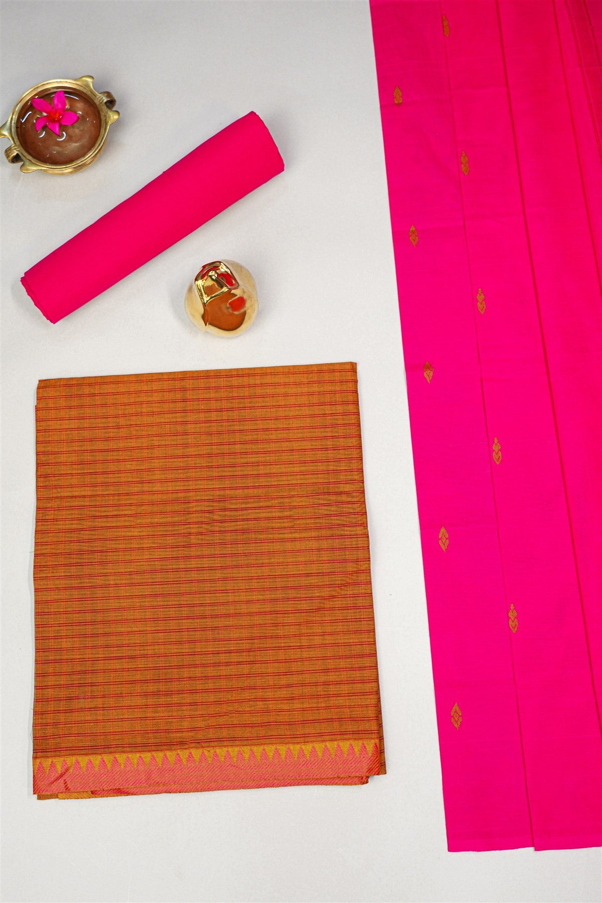 Cotton Mustard Yellow And Pink Striped Woven Dress Material