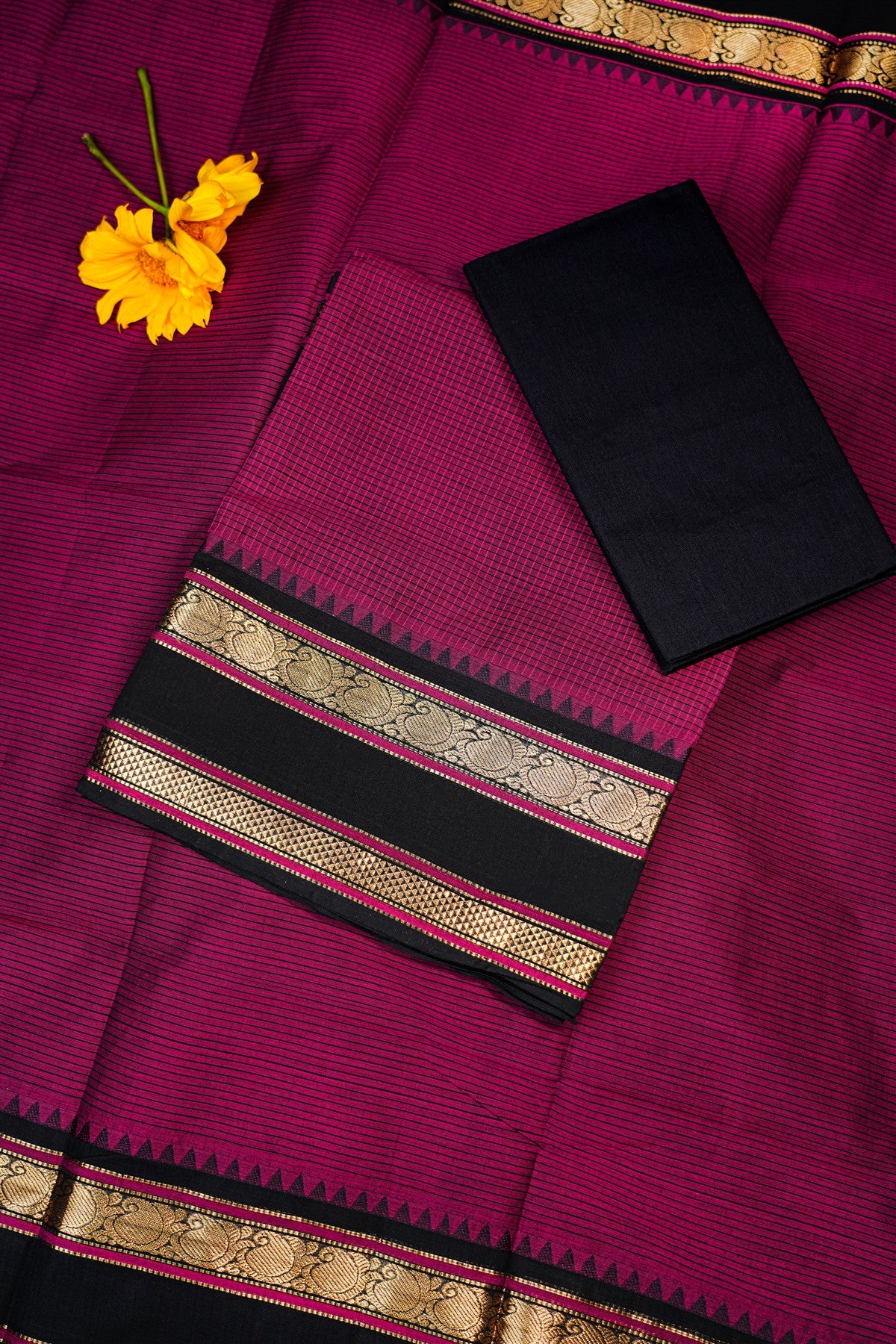 Cotton Magenta And Black Zari Border Dress Material