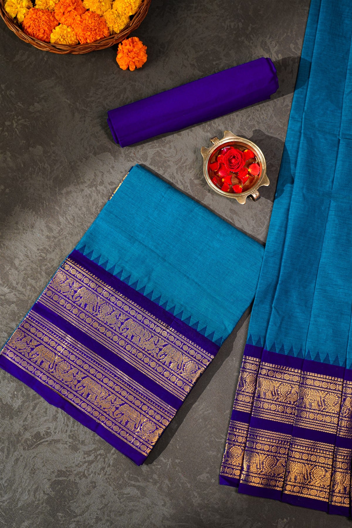 Cotton Teal And Purple Zari Border Dress Material