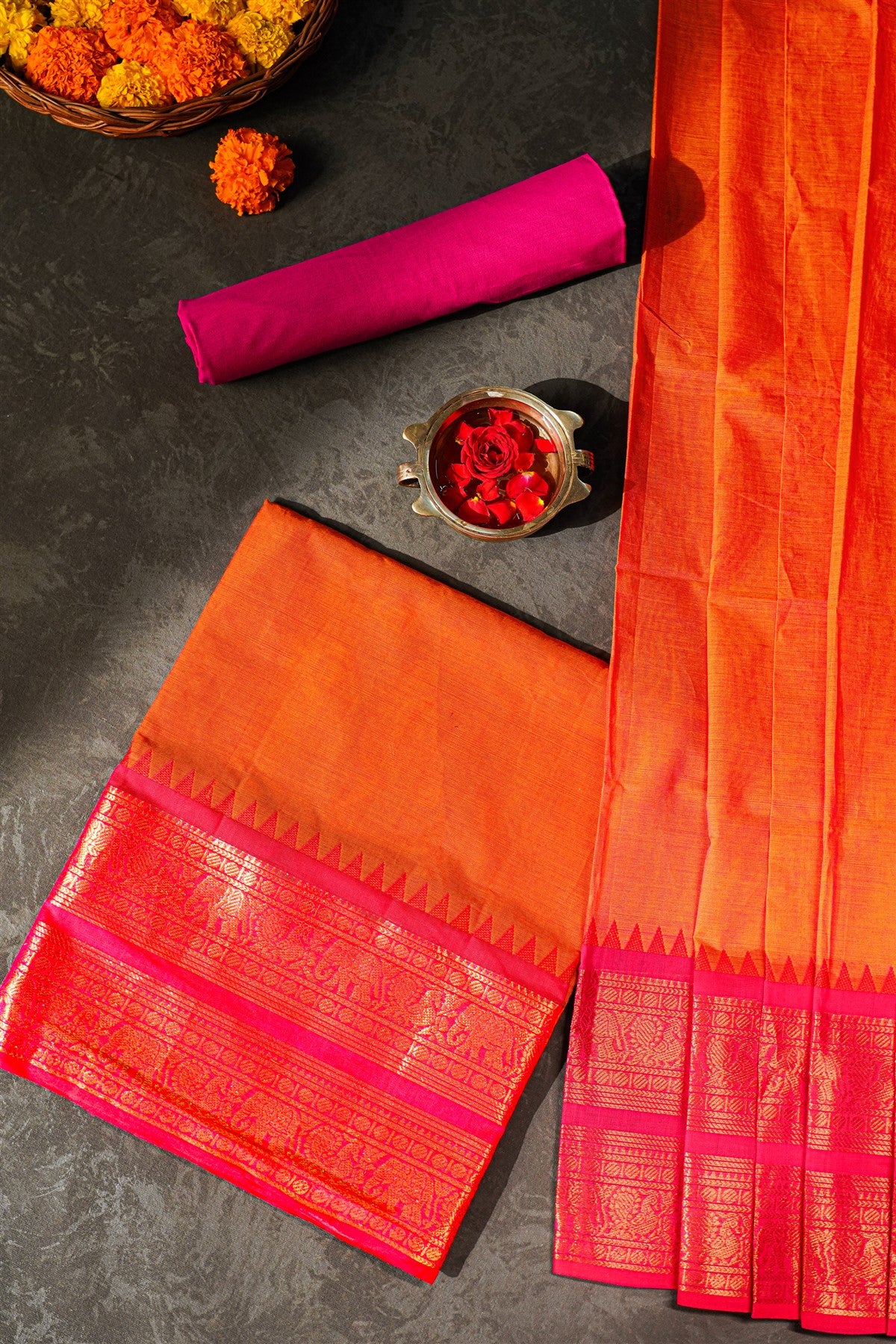 Cotton Orange Zari Woven Border Dress Material