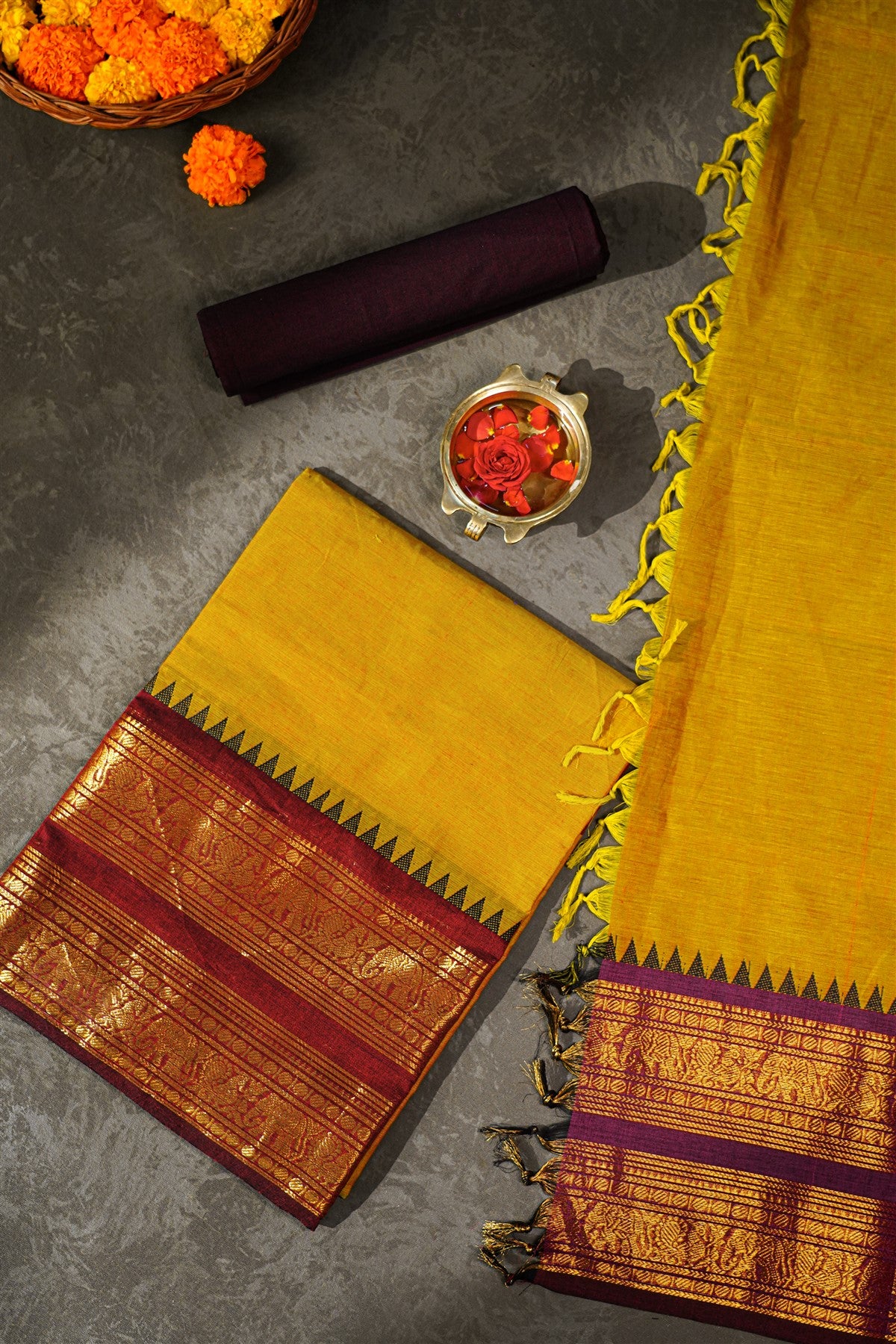 Cotton Mustard Yellow Zari Border Dress Material