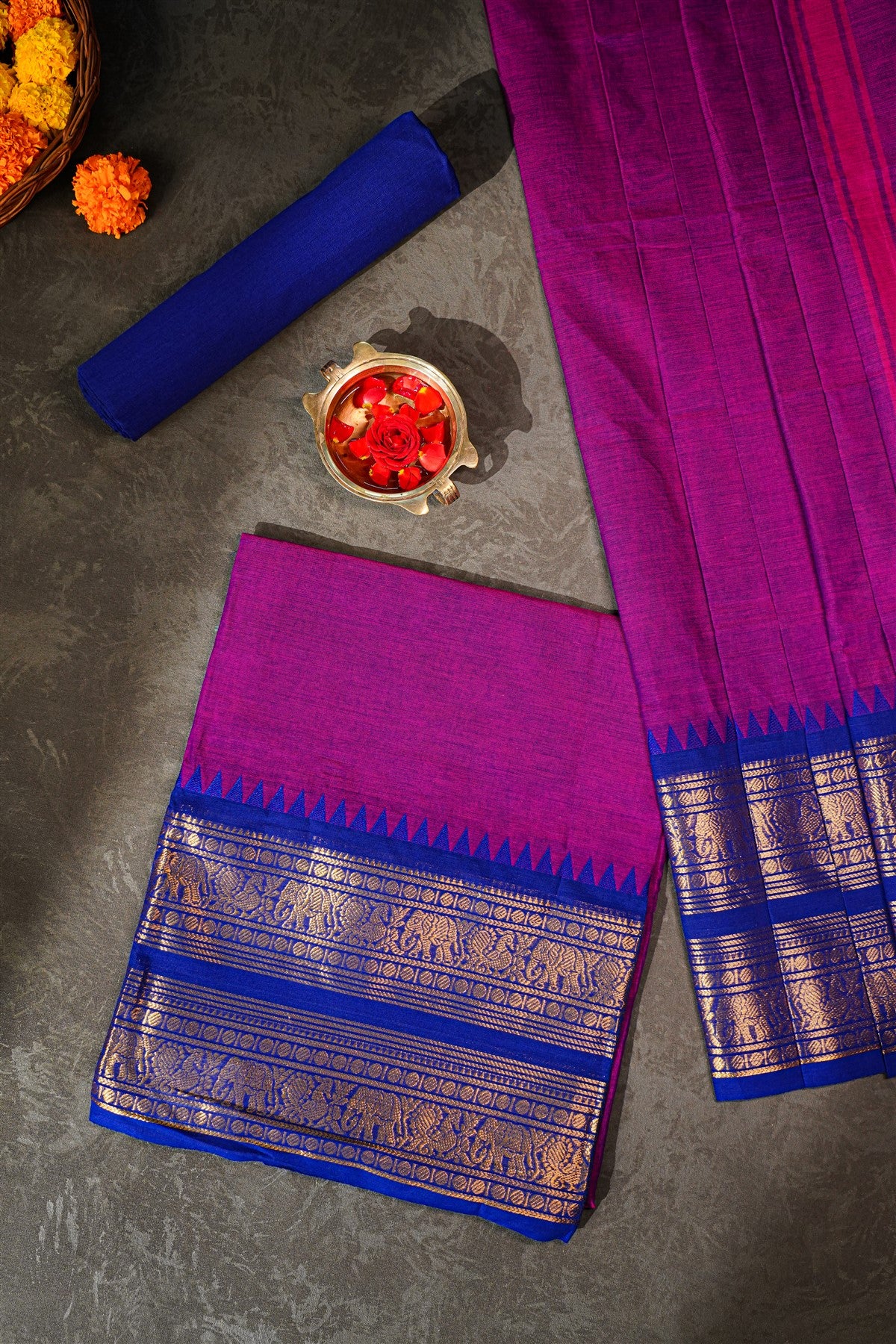 Cotton Magenta Zari Woven Temple Border Dress Material