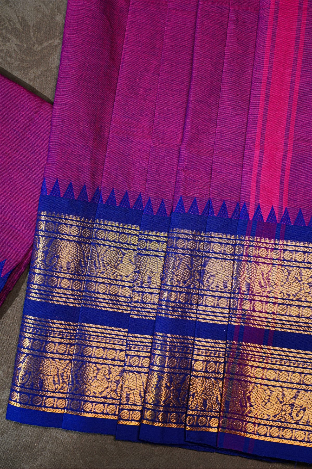 Cotton Magenta Zari Woven Temple Border Dress Material