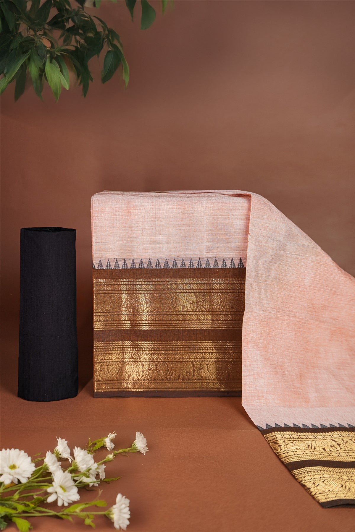 Cotton Peach Zari Woven Border Dress Material