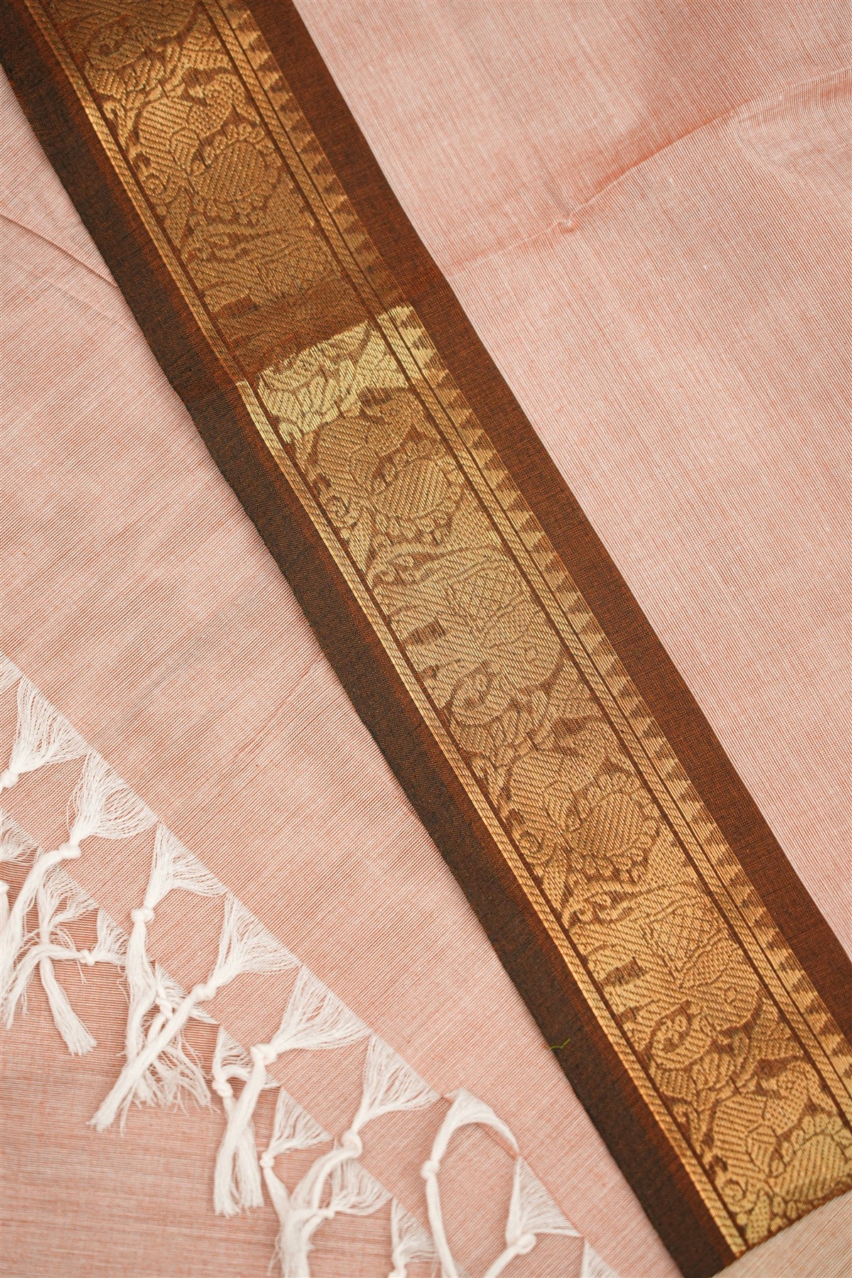 Cotton Peach Zari Woven Border Dress Material